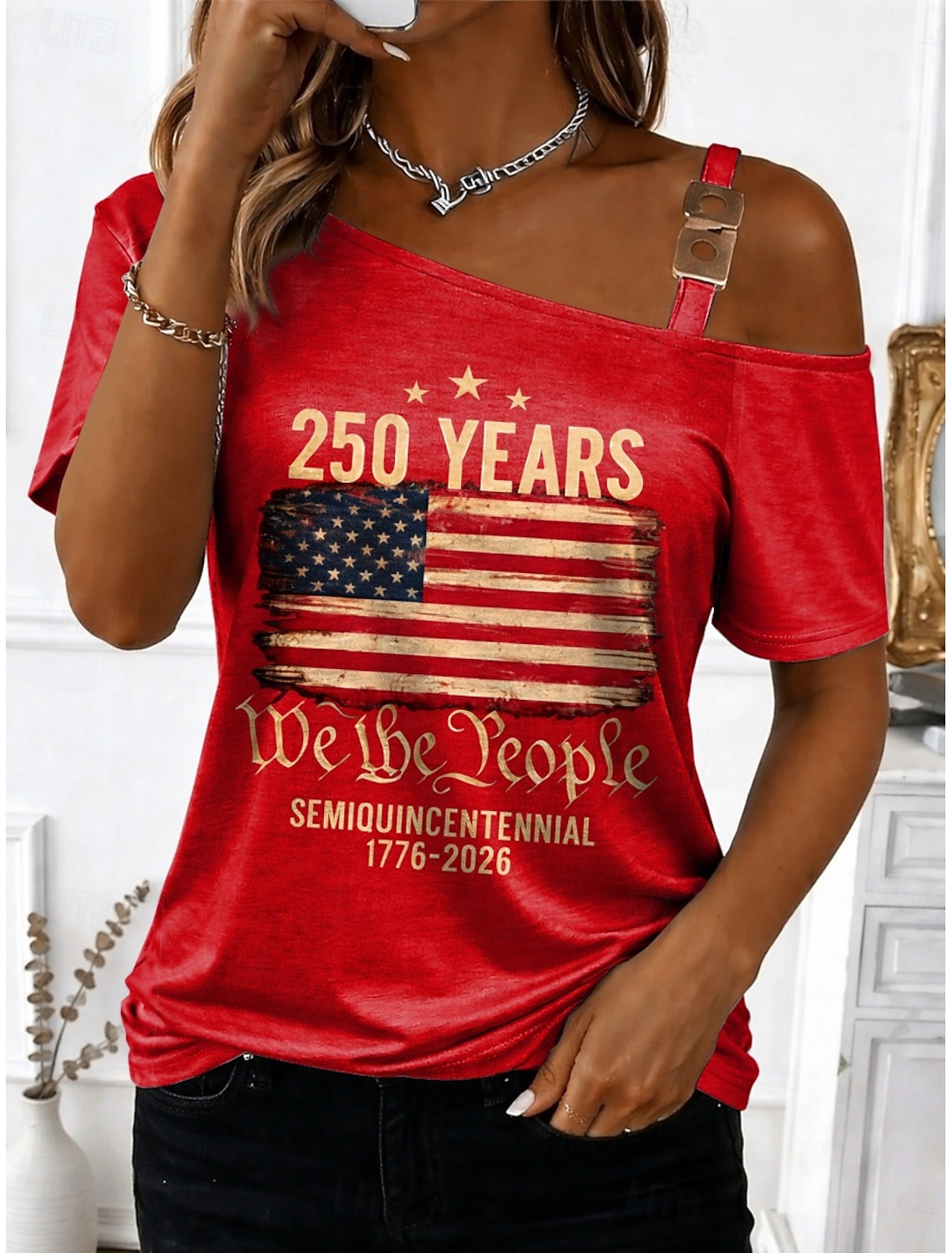 Independence Day American Anniversary Patriotic Women's T Shirt Print Asymmetrical Graphic Flag American Flag Vintage Fashion Stylish Short Sleeve One Shoulder Regular Tops Daily