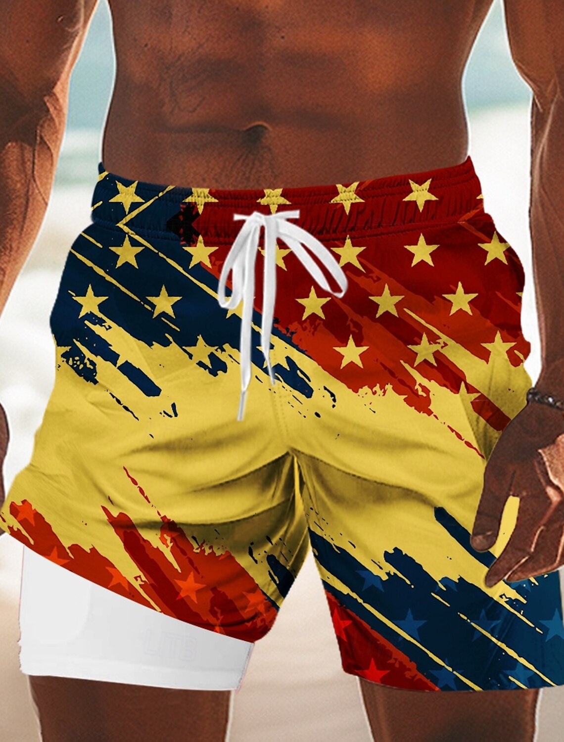 Men's 4th of July U.S. 250th Anniversary American Flag Lined Shorts 2 in 1 Board Shorts Swim Shorts Mid Waist Patriotic Holiday Side Pockets With Compression Liner Elastic Drawstring Waist Designer