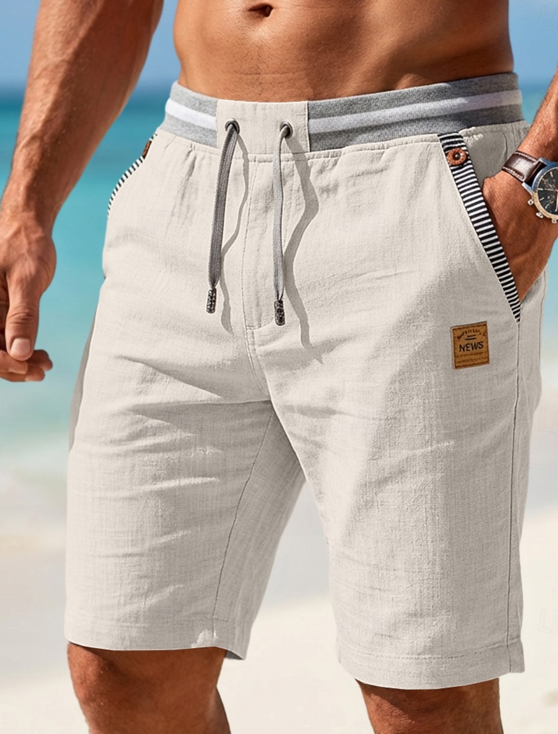 Men's Shorts Linen Summer Beach Drawstring Pocket Elastic Waist Color
