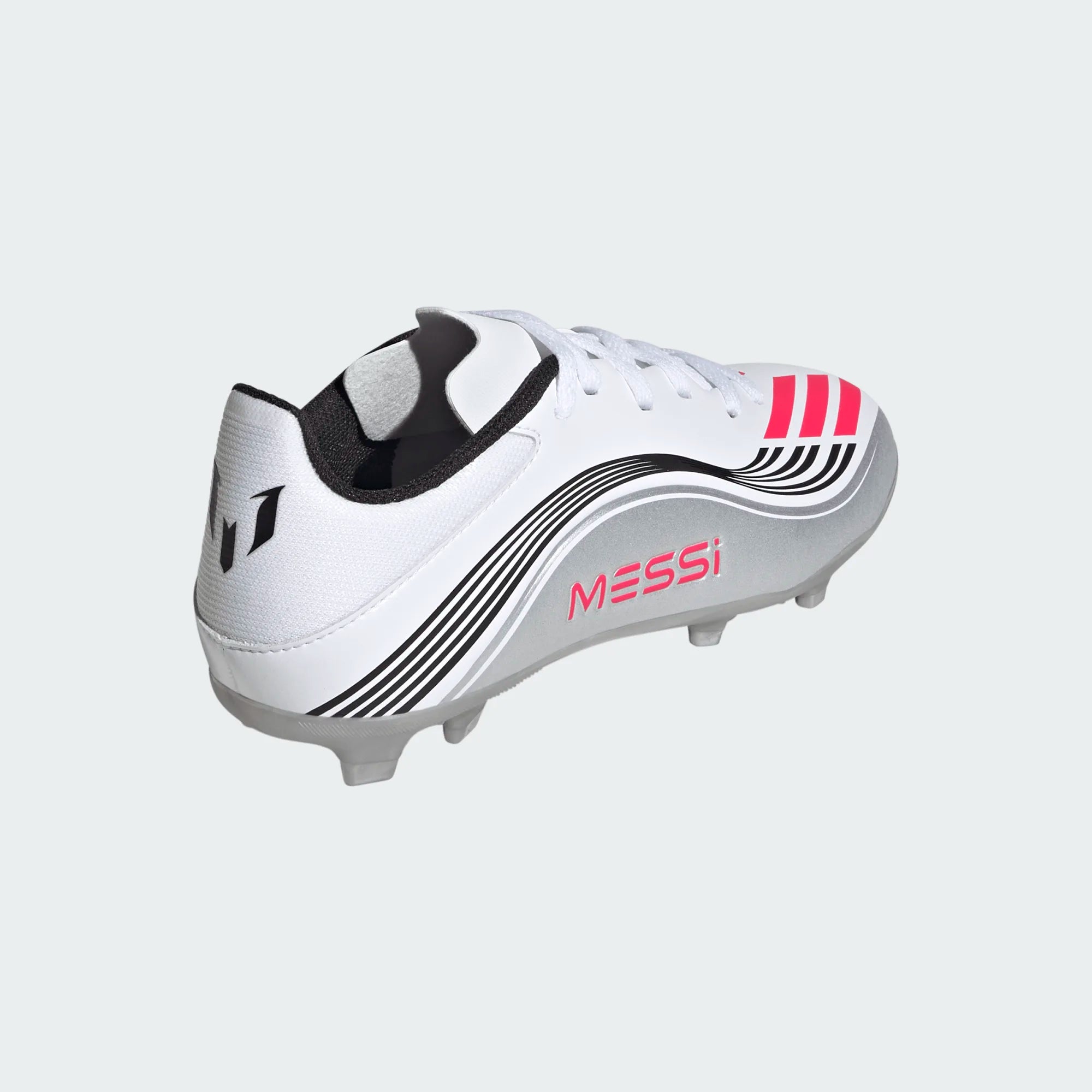 adidas Youth F50 Messi League FG/MG Junior Soccer Cleats (White/Lucid Red/Silver Metallic)