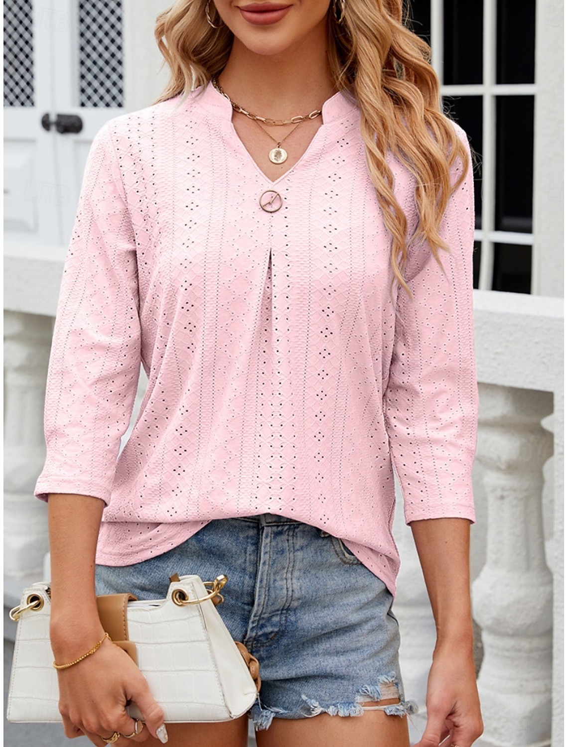 Women's Shirt Blouse Stylish Casual Floral Regular Tops Long Sleeve Notched Neck Eyelet Regular Fit Daily Summer Spring