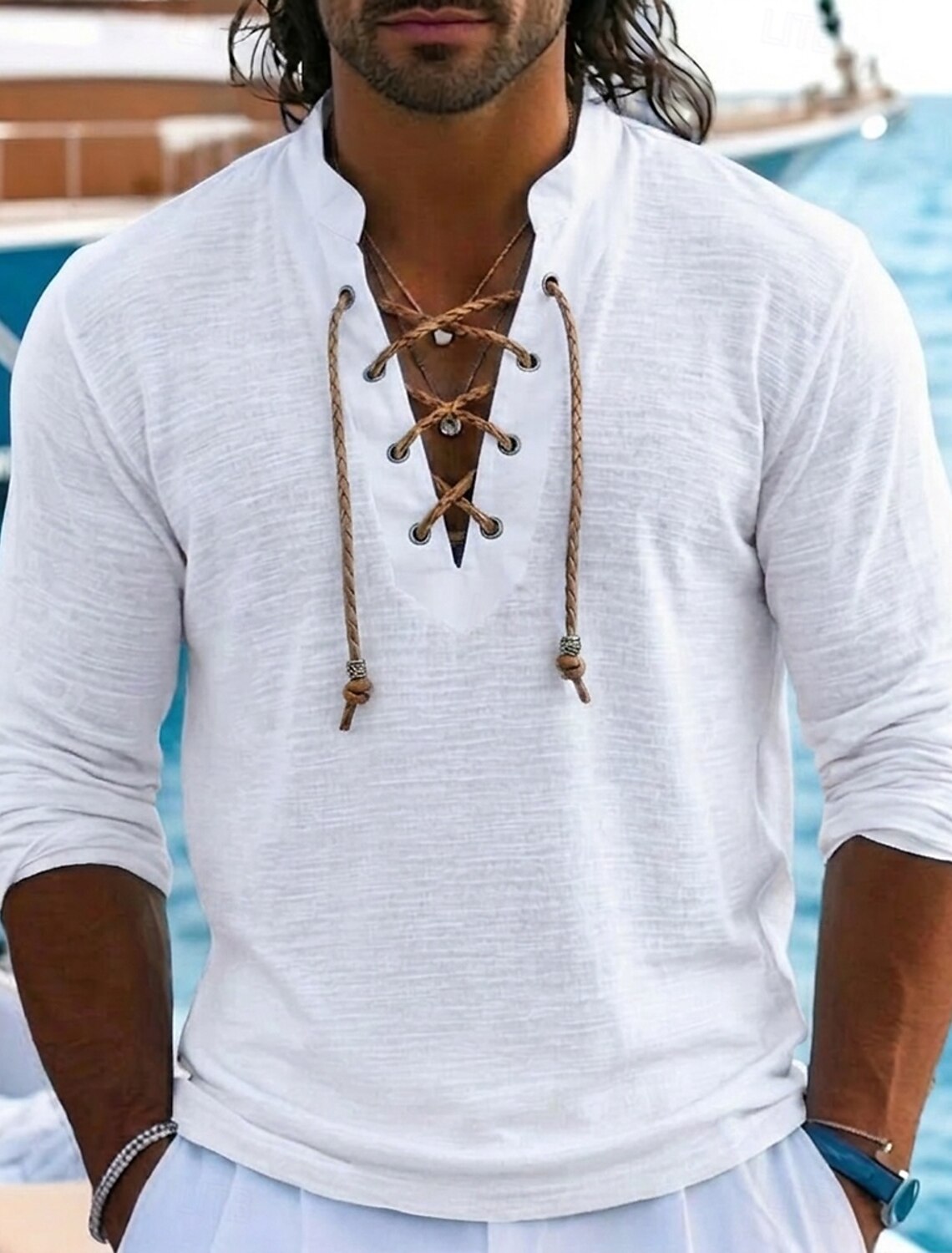 Men's Linen T-Shirt Long Sleeve Lace Up Neck Henley Spring & Summer Summer Spring Solid Color Plain Vintage Nautical Bohemian Lace up See Through Casual Vacation Street Black White Light Blue Top Tee