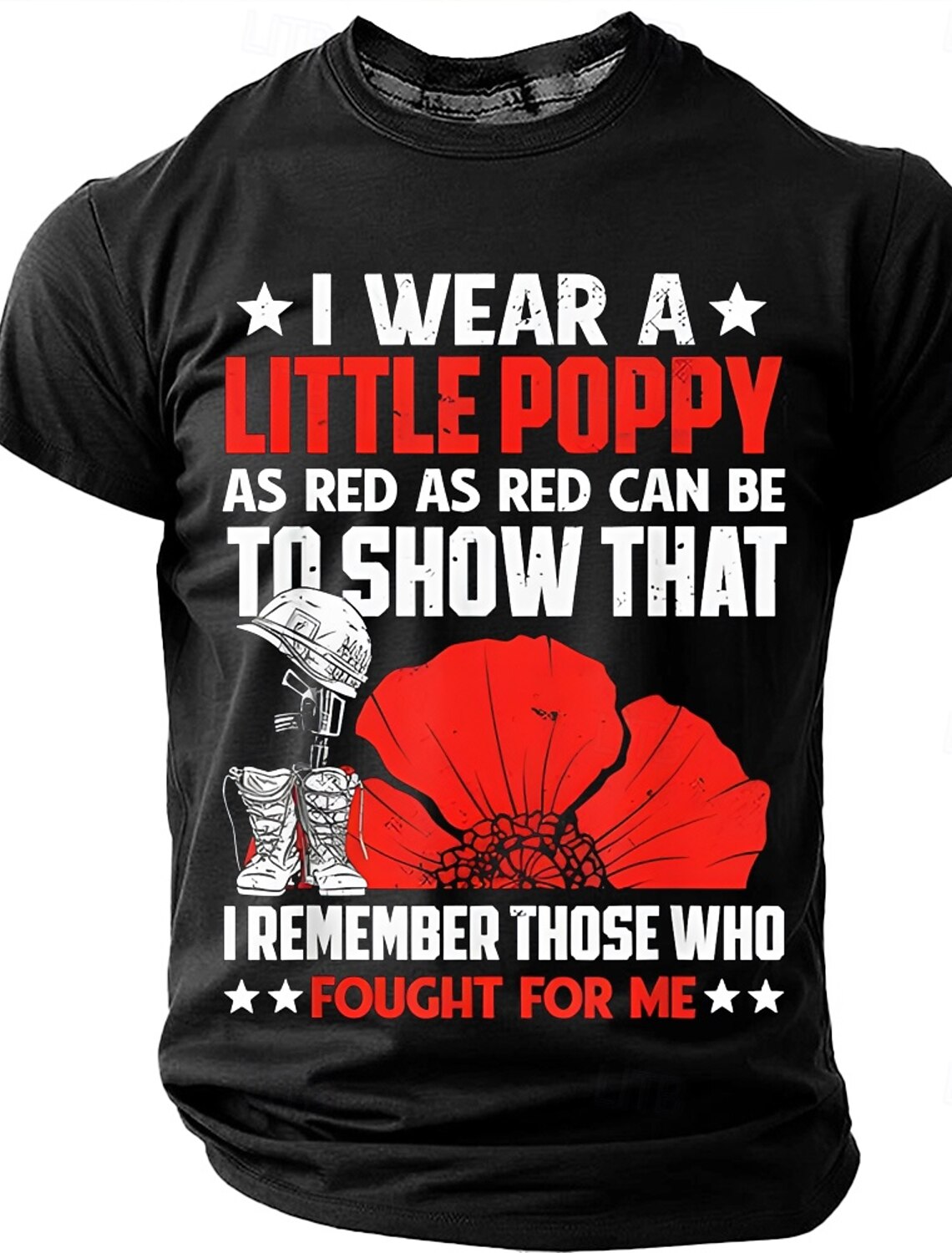 Memorial Day Remembrance Day I Wear A Little Poppy As Red As Red Can Be Men's Soldier Helmet Red Poppy Patriotic Graphic T Shirt Short Sleeve Crew Neck Tee Designer Clothing Apparel S M L XL XXL XXXL