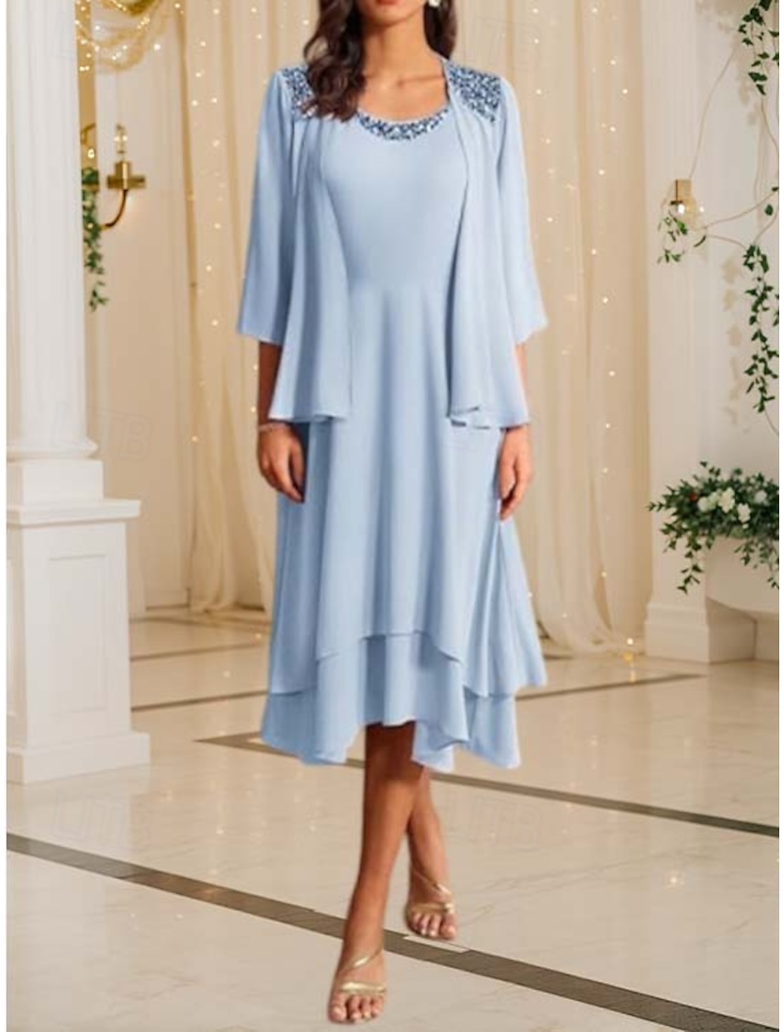 Two Piece Tea Length Wedding Guest Dress Mother of the Bride Dress Half Sleeve Jewel Neck Elegant Vintage Formal Wedding Guest Chiffon Jacket Dresses with Sequin Cascading Ruffles