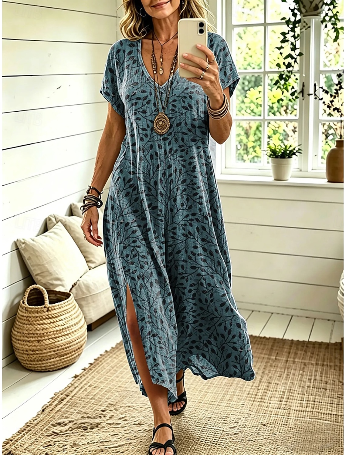Women's Midi Dress A Line Dress Casual Loose Fit Floral Abstract Short Sleeve V Neck Blue Red Sky Blue Green Summer Spring