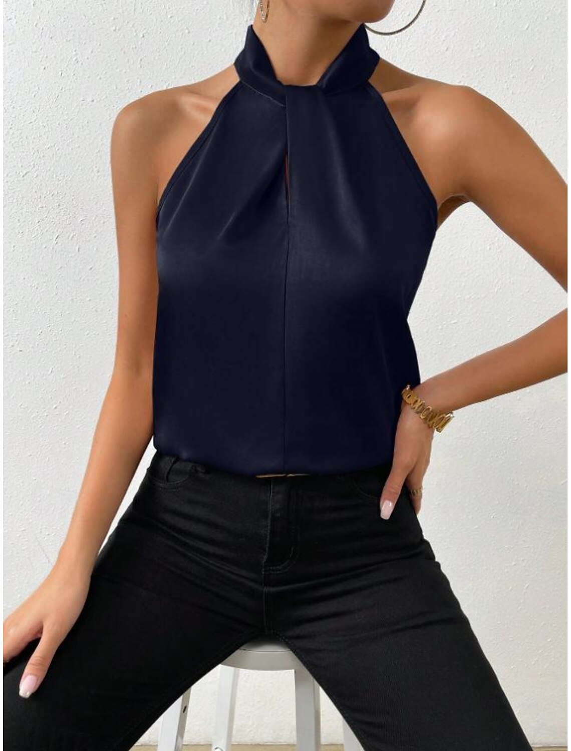 Tank Women's Plain Cold Shoulder Street Daily Fashion Halter Neck Regular Fit S