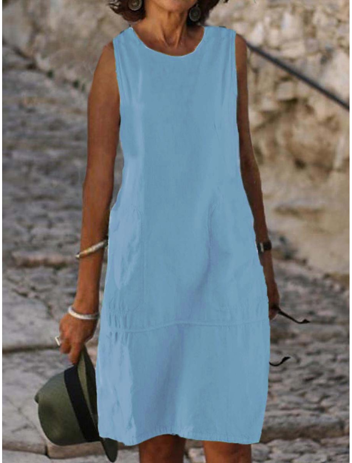 Women's Midi Dress Shift Dress Sundress White Dress Cotton Linen Dresses Classic Casual Daily Vacation Loose Fit Plain Sleeveless U Neck Blue Light Blue Black White Summer Spring