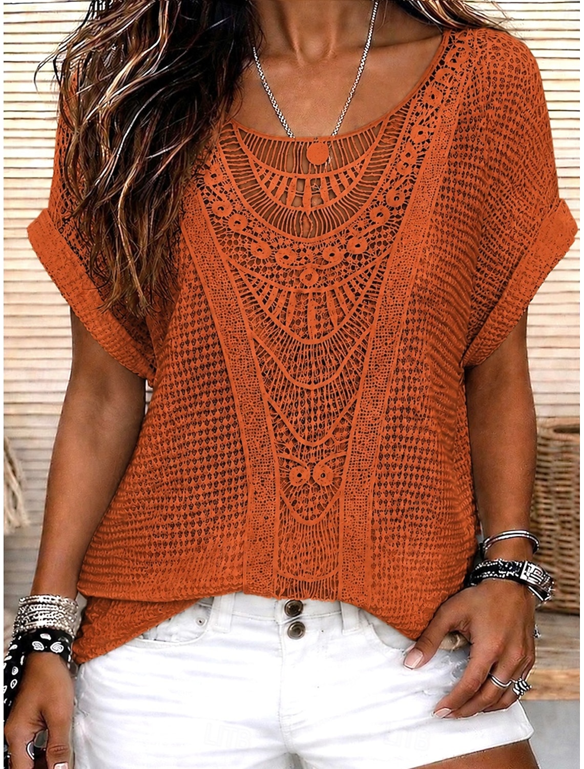 Women's Blouse Lace Solid Color Stylish Casual Short Sleeve V Neck Regular Tops Daily Blue Black White Orange Grey Summer Spring Fall