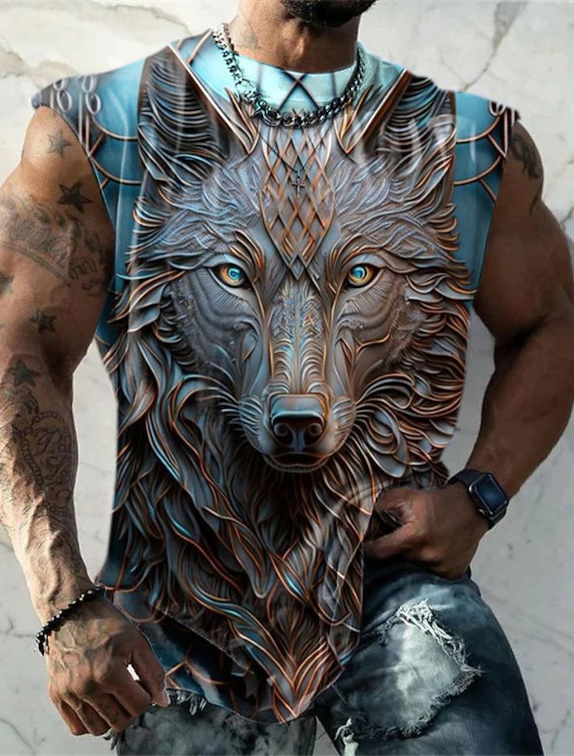 Men's Graphic Animal Wolf Vest Top Sleeveless T Shirt for Men Sleeveless Cap Sleeve T shirt 3D Print Crew Neck Shirt Fashion Designer Muscle Daily Sports Gym White Blue Brown Spring & Summer Clothing