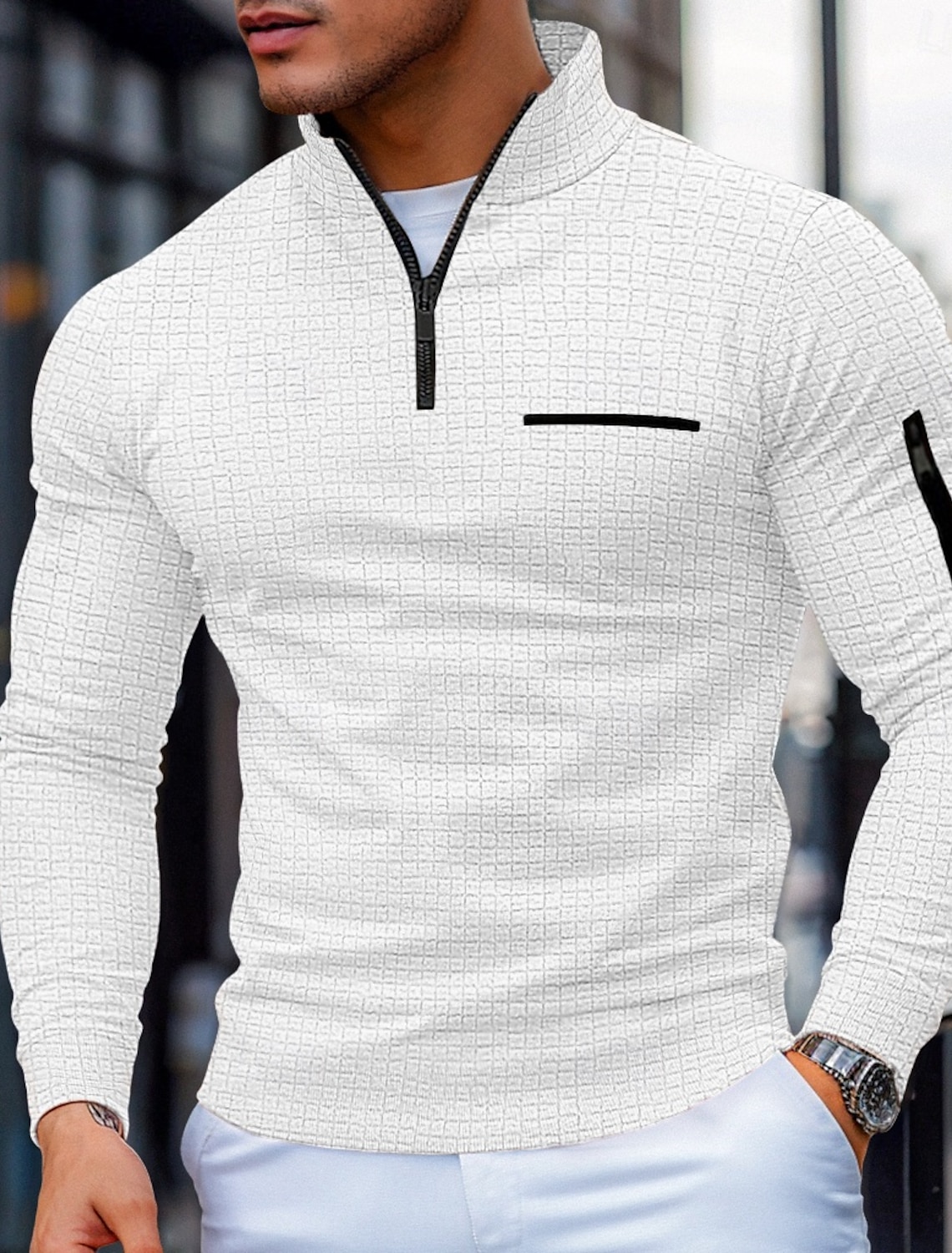 Men's Waffle Polo Shirts Zip Casual Holiday Quarter Short Sleeve