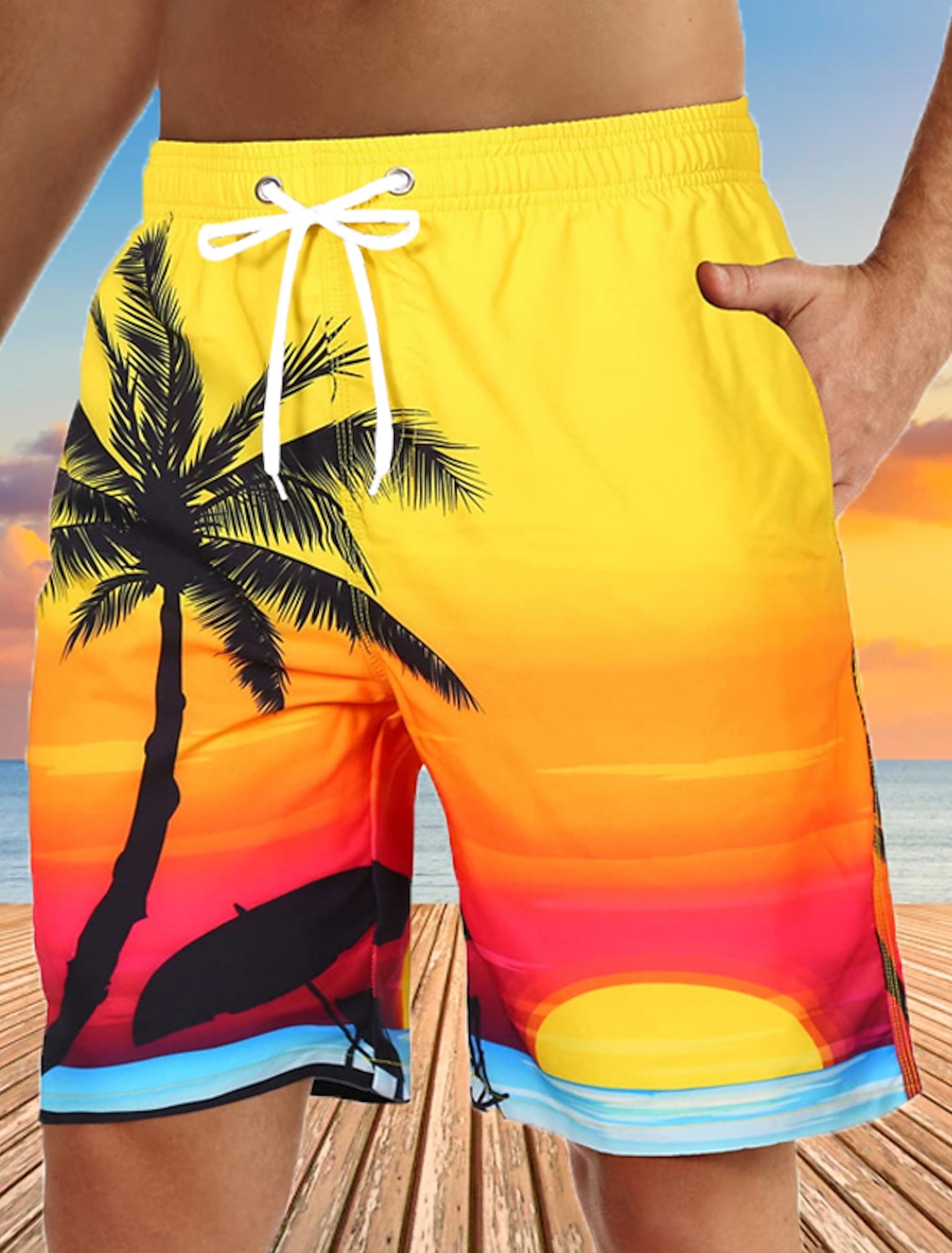 Men's Graphic Coconut Tree Swim Trunks Swim Shorts Board Shorts Mid Waist Streetwear Hawaiian Boho Casual Daily Holiday Drawstring Elastic Waist 3D Print Designer Clothing Apparel