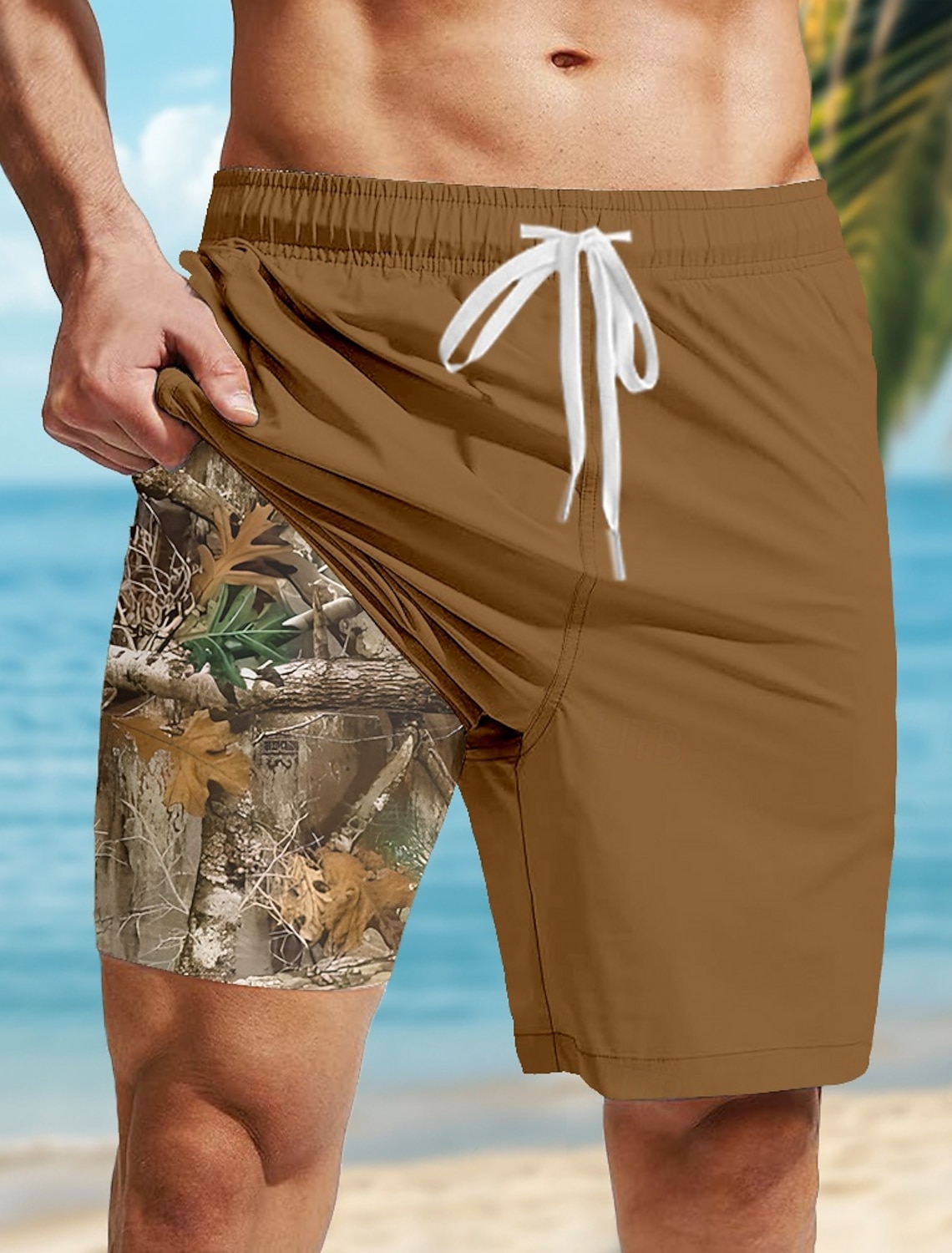 Men's Camouflage Lined Shorts 2 in 1 Board Swim Mid Waist Hawaiian