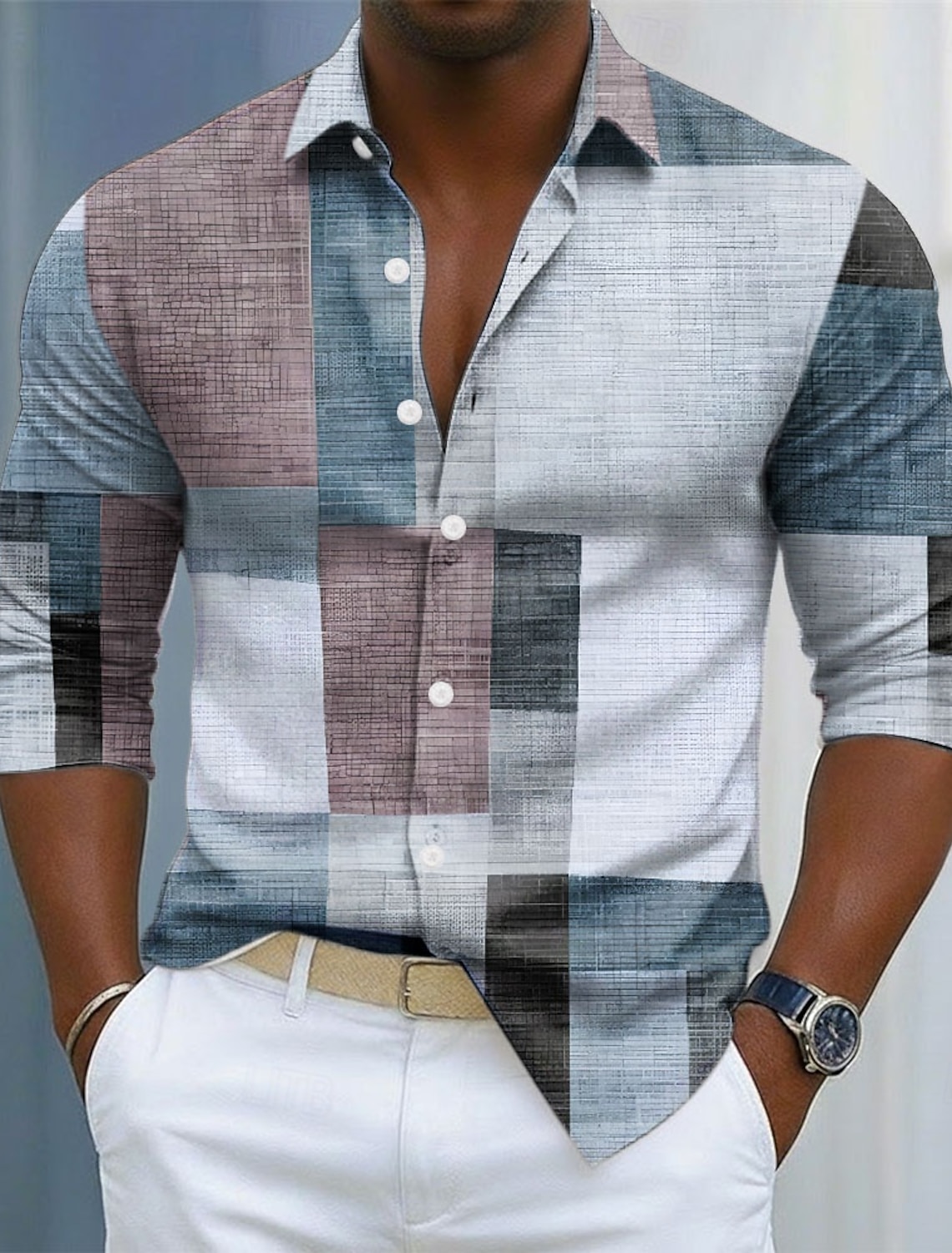 Men's Geometric Color Block Patchwork Shirt Button Up Long Sleeve