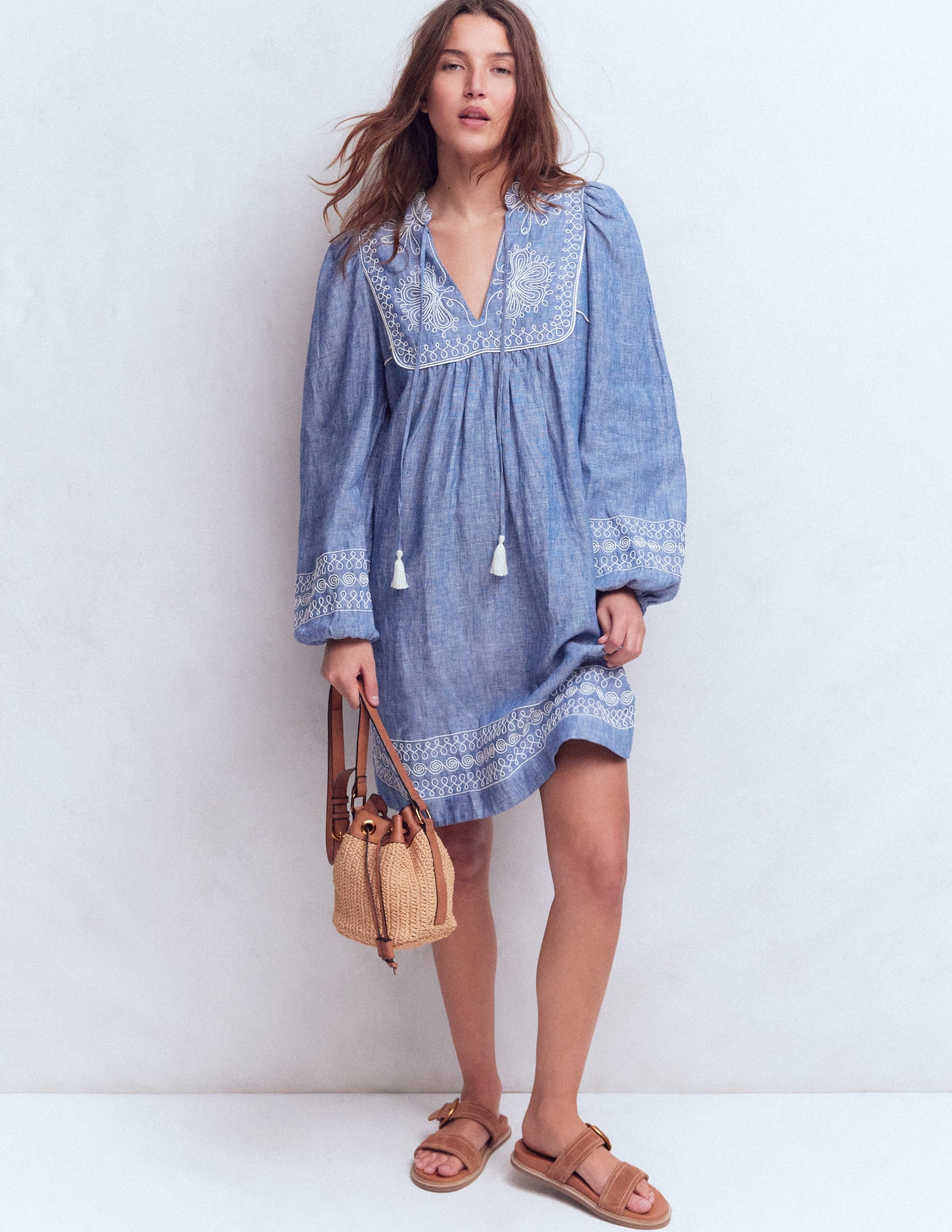 Pia Linen Yoke Tassel Dress