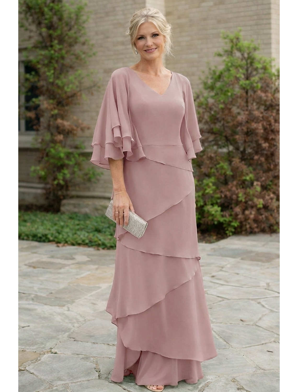 Two Piece A-Line Floor Length Wedding Guest Dress Formal Dresses Tiered Dress Mother of the Bride Dress Half Sleeve V Neck Elegant Wrap Included Wedding Guest Engagement Party Chiffon Wrap Included