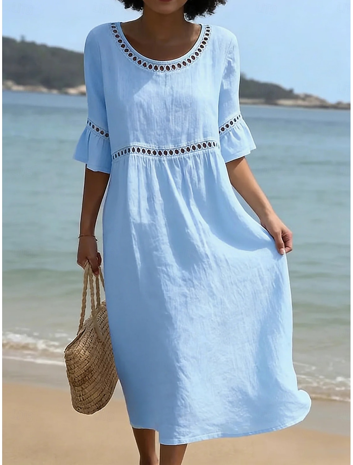 Women's Midi Dress Linen-feel Dresses Shift Dress Summer Dress Classic Casual Daily Loose Fit Plain Short Sleeve Crew Neck Blue Yellow Green Beige Summer Spring