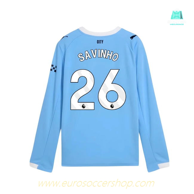 2025-2026 Man City Long Sleeve Home Shirt (Kids) (Savinho 26)