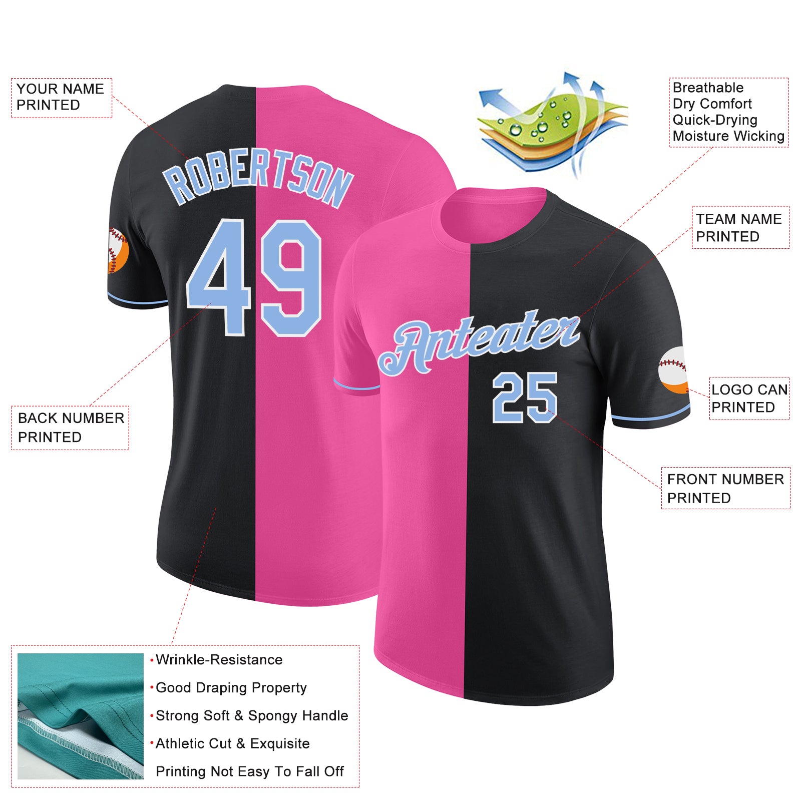 Custom Black Light Blue-Pink Split Fashion Performance T-Shirt