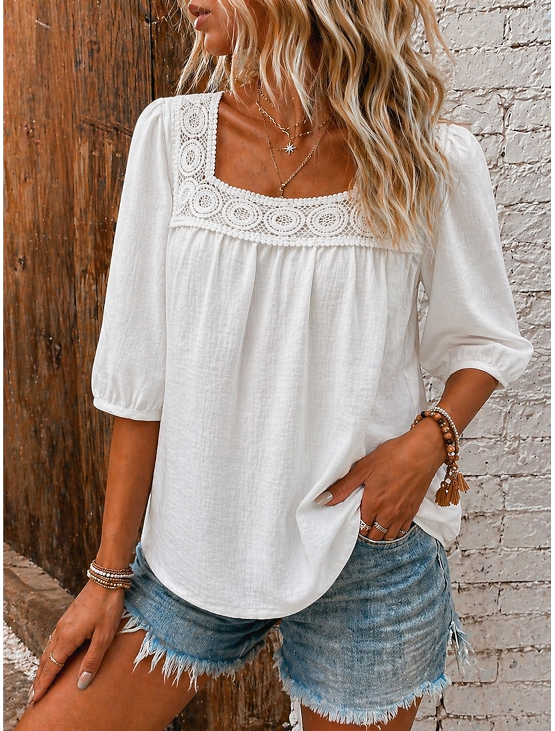 Women's Linen-feel Shirts Blouse Lace Trim Solid Color Daily Stylish Basic 3/4 Length Sleeve Square Neck Regular Tops Casual Daily Blue White Pink Navy Blue Green Summer Spring Fall