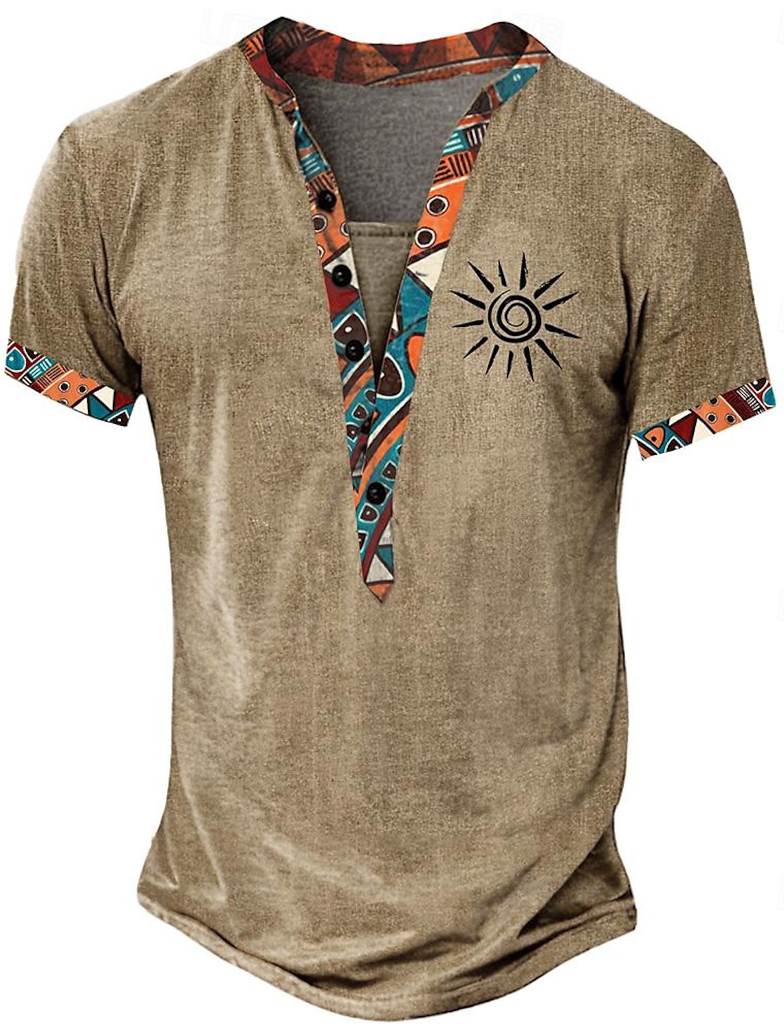 Men's Tribal Bandana Print T Shirt Henley Shirt Short Sleeve 3D Print Designer Ethnic Casual Daily Summer Spring Yellow Brown Green Standing Collar Henley T-Shirt