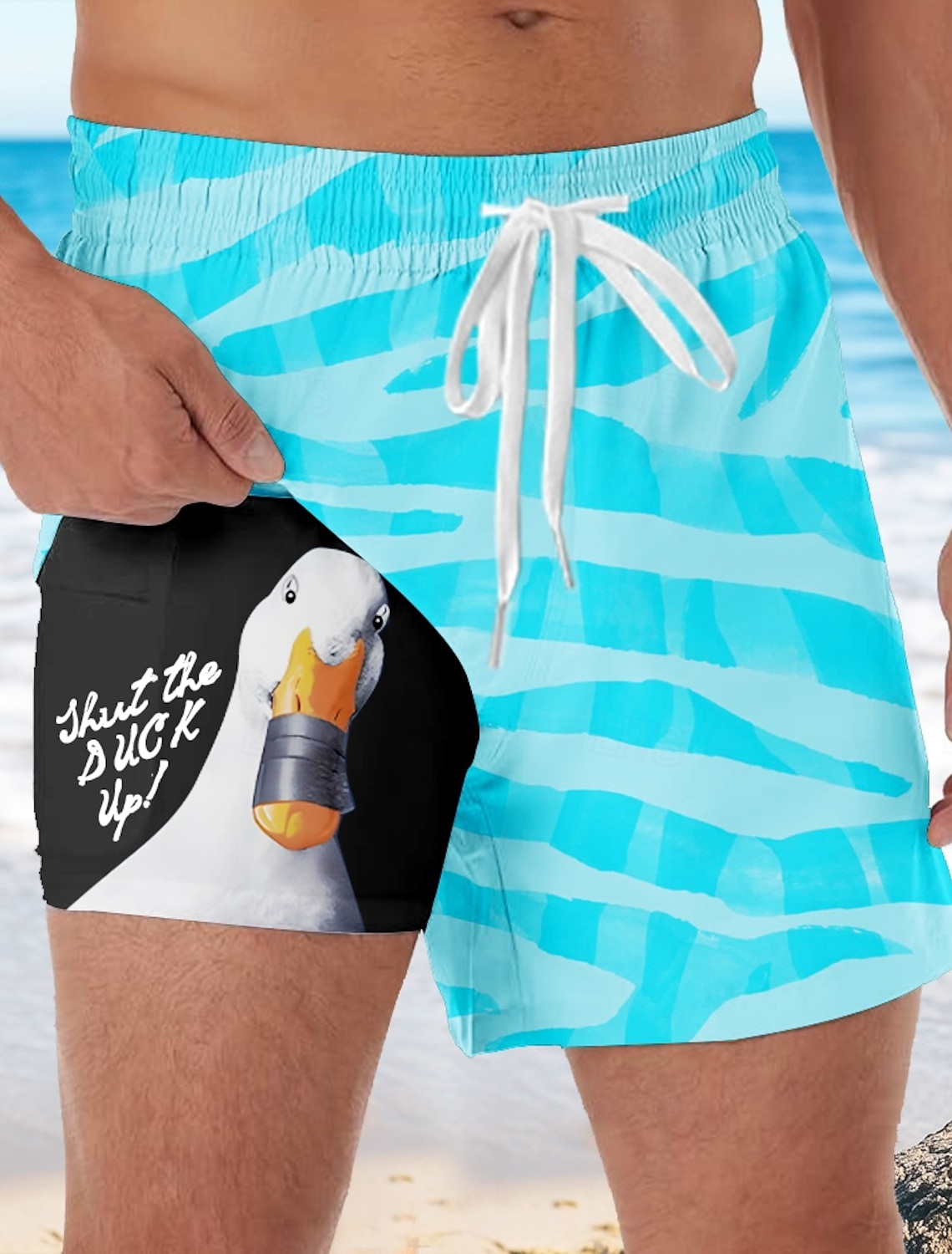 Men's Coconut Tree Funny Duck Lined Shorts 2 in 1 Board Shorts Swim Shorts Mid Waist Hawaiian Vacation Beach Wear Side Pockets With Compression Liner Elastic Drawstring Waist Designer Clothing Apparel