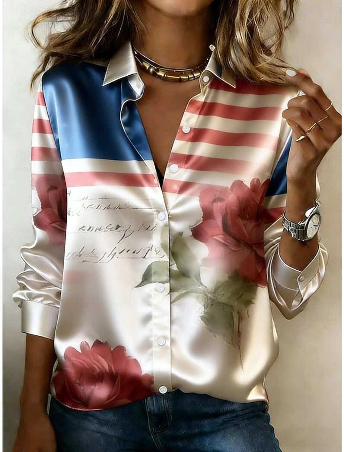 American Independence Day Women's Shirt Satin Shirt Button Down Shirt Casual Shirt Print Graphic Flag Classic Casual Long Sleeve Shirt Collar Regular Tops Daily Holiday Going out Blue Sky gray Yellow