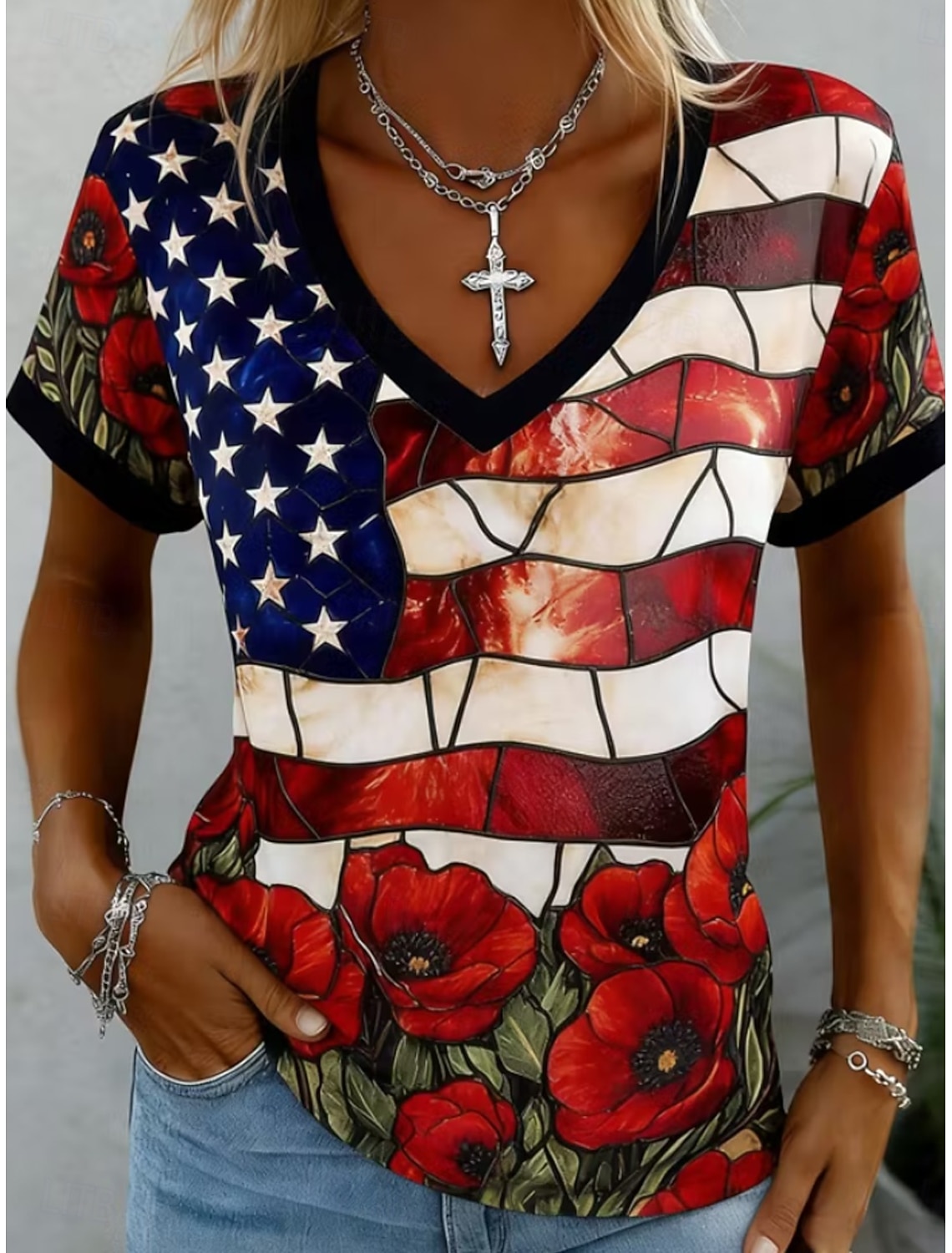 Independence Day Patriotic Women's T Shirt Graphic Flag Vintage Stylish Classic Short Sleeve V Neck Regular Tops Daily Print White Summer Spring