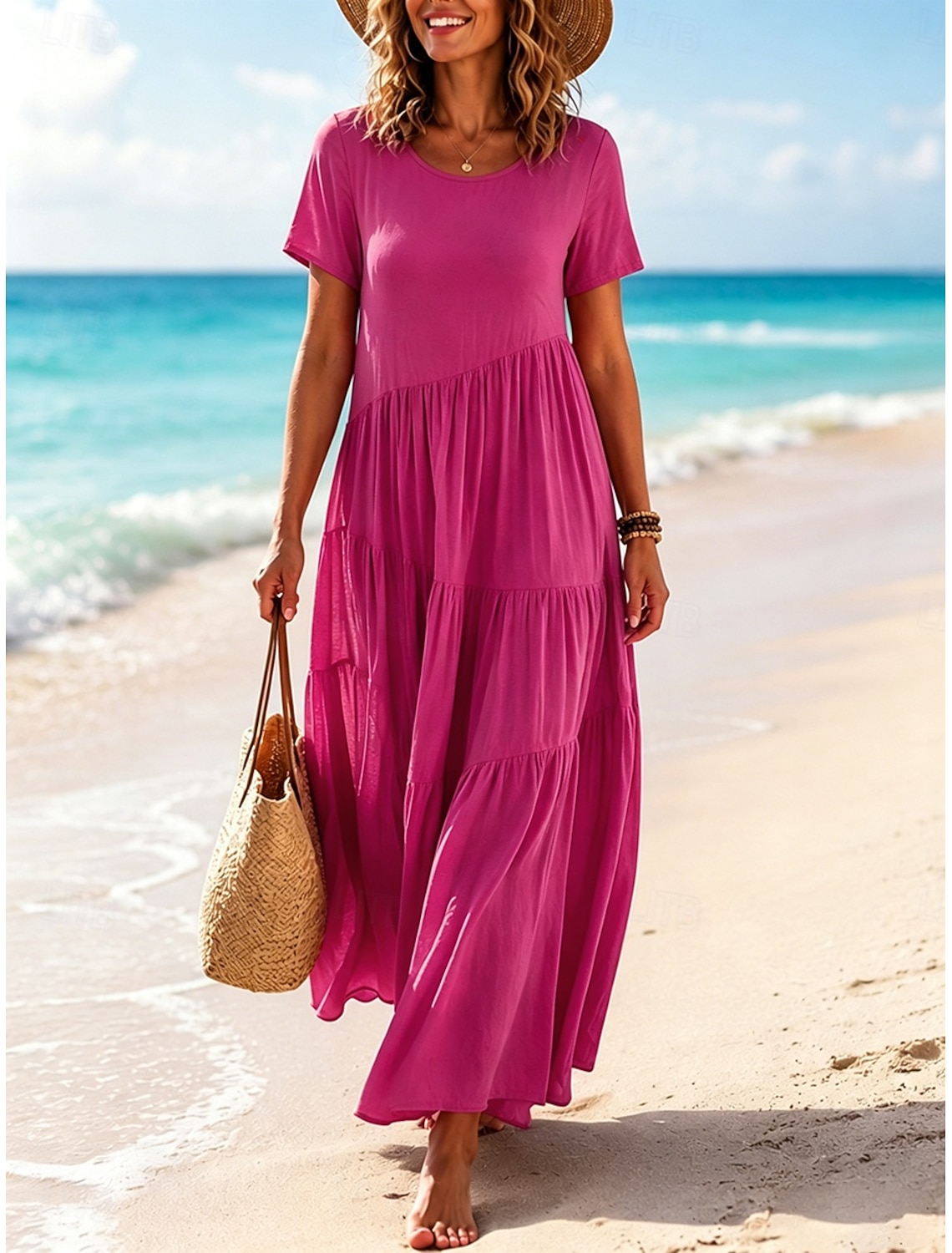 Women's Vintage Crew Neck Ruffle Pleated Asymmetric Maxi Dress Khaki Black White Pink Summer