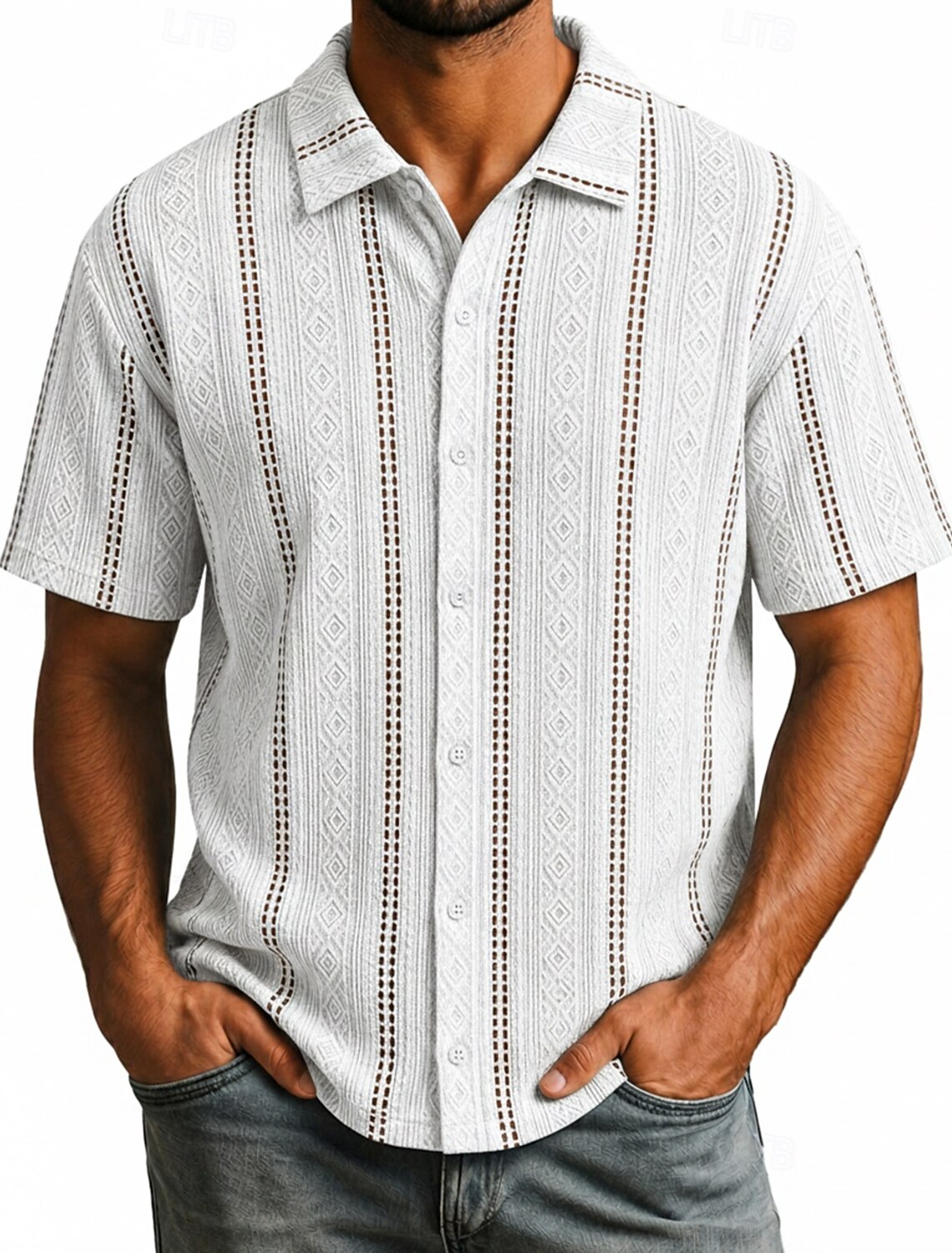Men Shirt Texture Casual Shirt Button Up Shirt Jacquard Shirt Black White Light Green Purple Light Blue Short Sleeve Plain Shirt Collar Casual Daily Hollow Out Clothing Apparel Elegant Fashion Casual