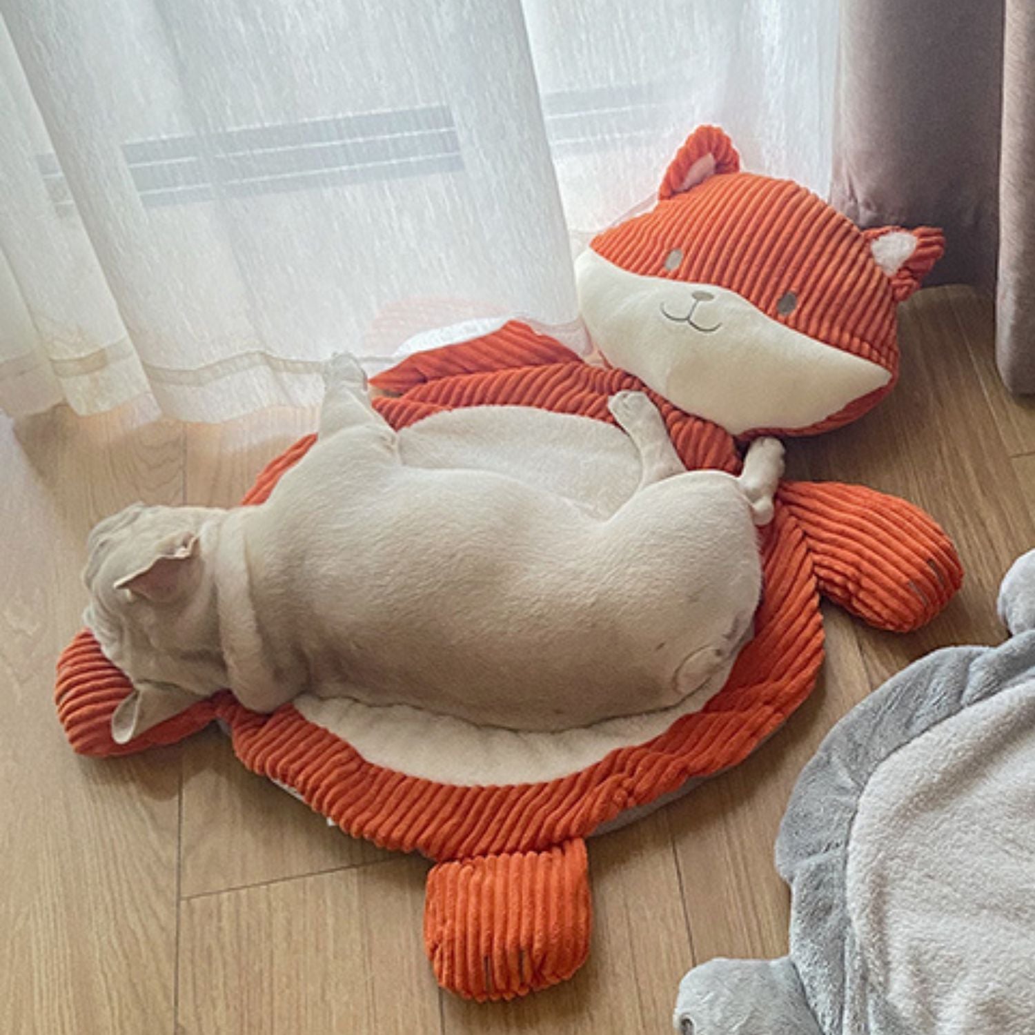 Secure-Fit Cartoon French Bulldog Bed – Warm Plush Winter Sleeping Ma...