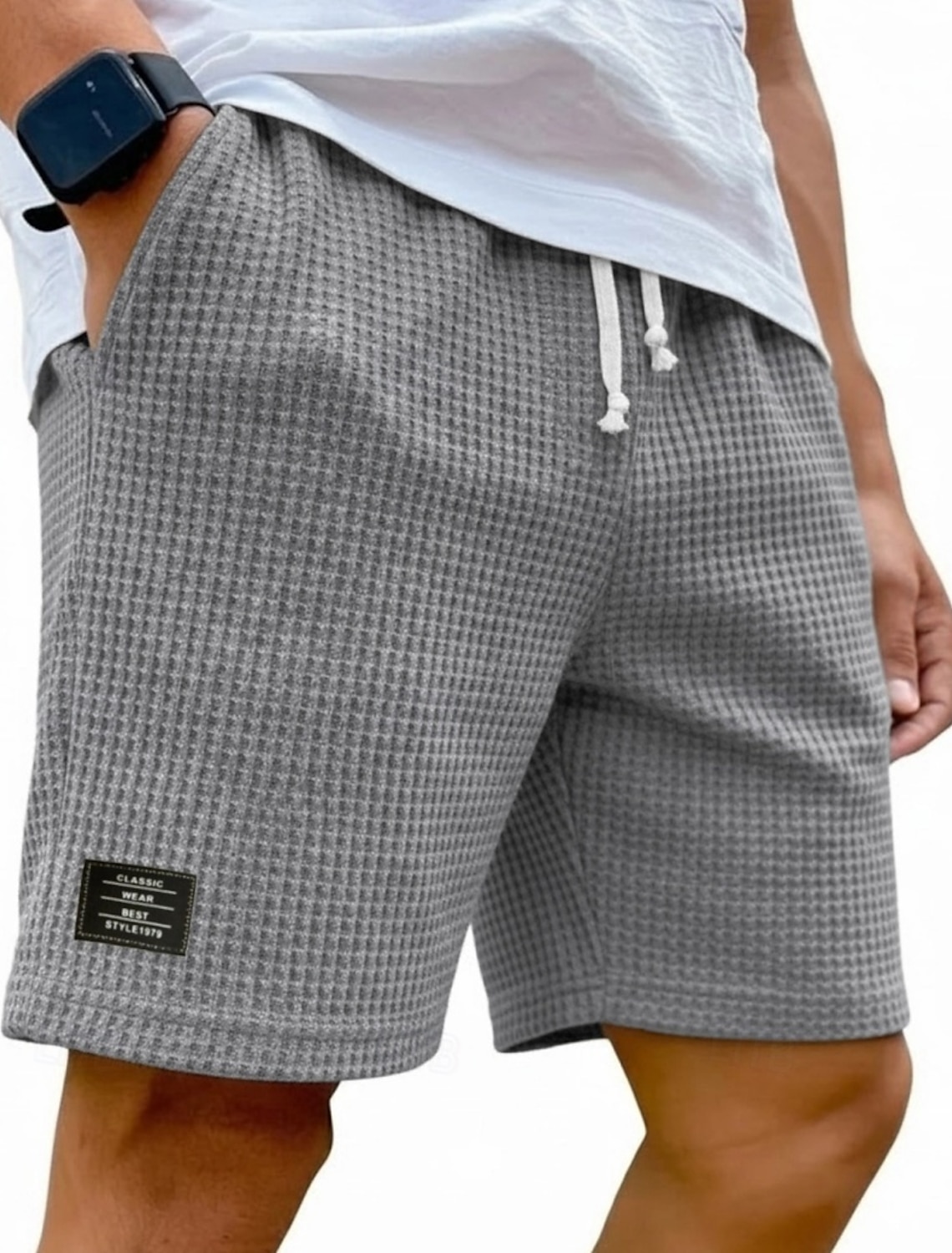 Men's Waffle Shorts Shorts Summer Shorts Beach Shorts Casual Shorts Pocket Elastic Waist Plain Comfort Breathable Knee Length Casual Outdoor Beach Vacation Fashion Black White Micro-elastic