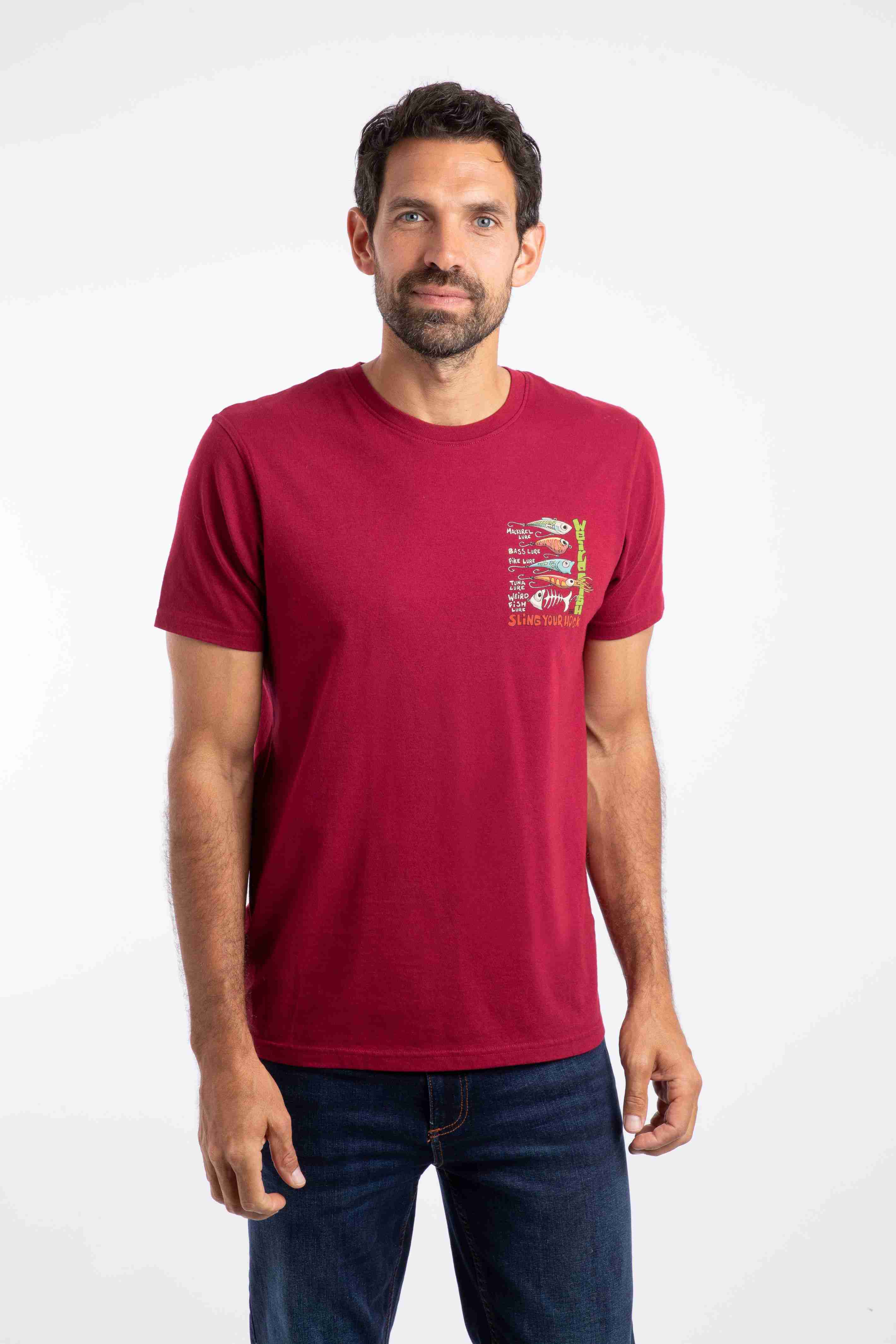 Sling Your Hook Back Print Artist T-Shirt Garnet