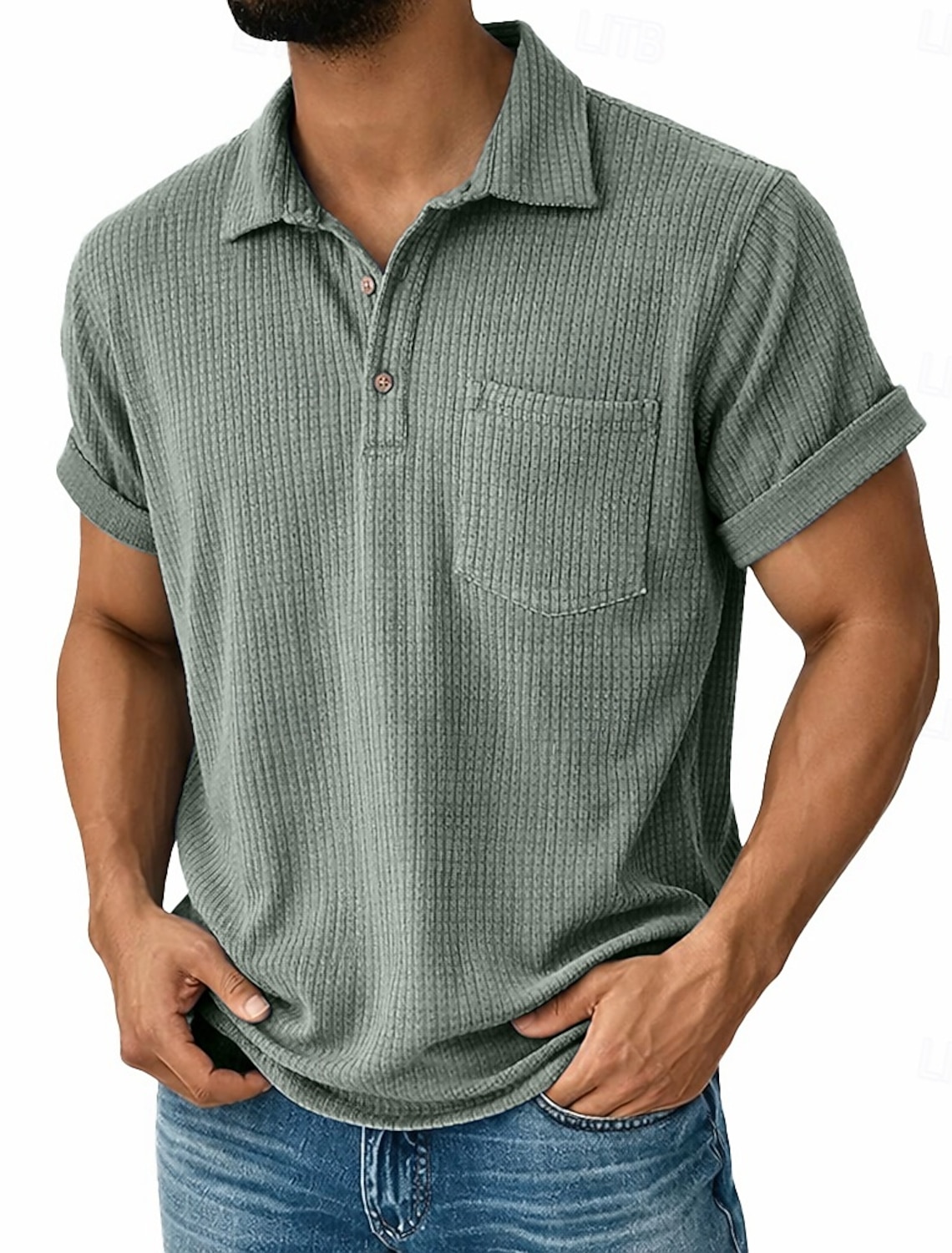 Men's Shirt Popover Casual Corduroy Blue Green Apricot Short Sleeve