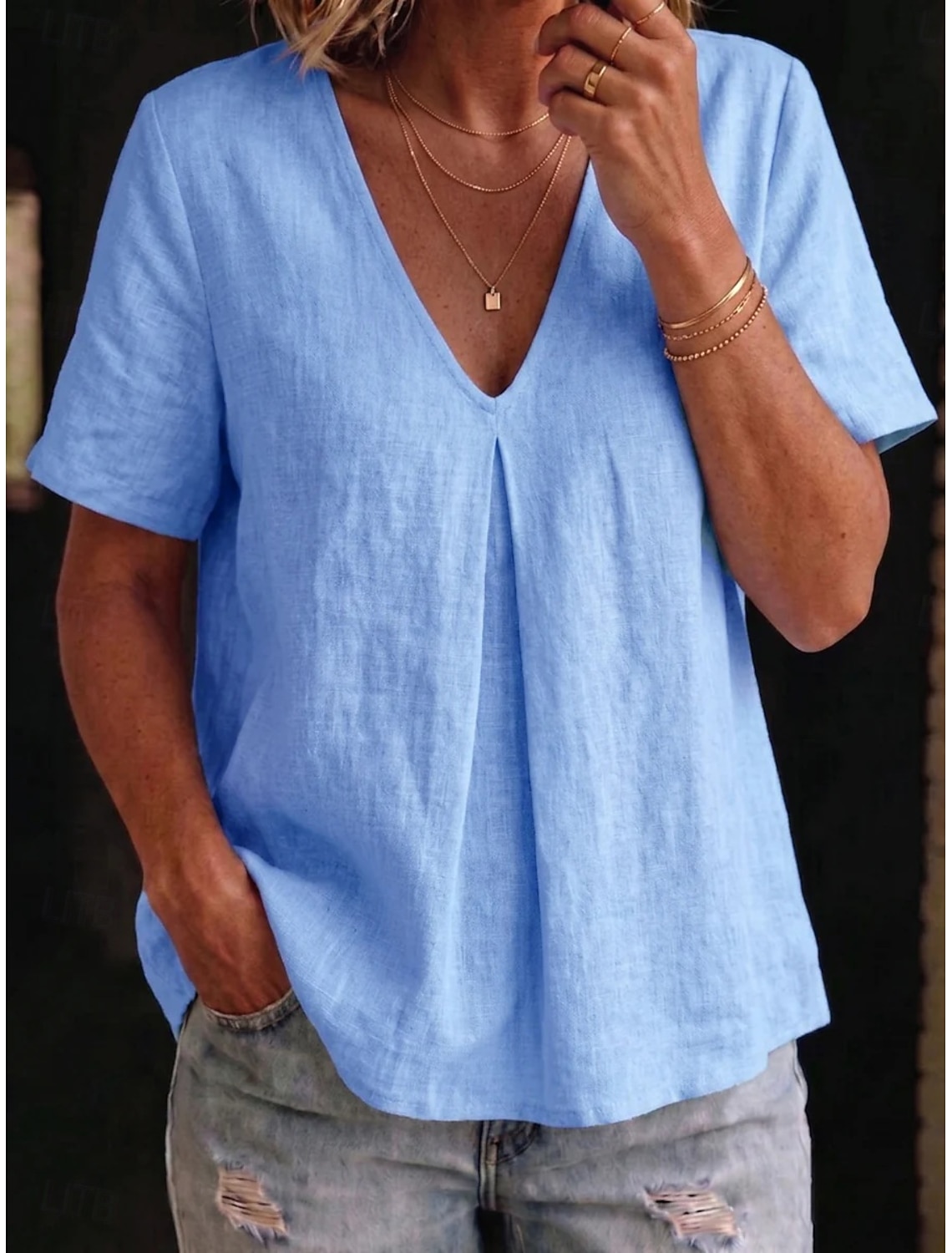 Women's Polo Shirts Blouse Lace Tops Plain Bohemia 3/4 Length Sleeve Lapel Regular Tops Light Blue White Pink Royal Blue Sky Blue Summer Spring