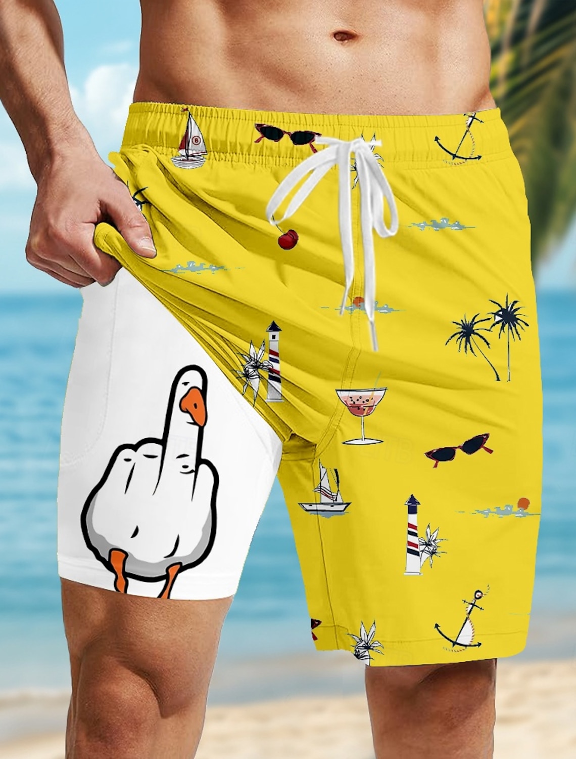 Men's Coconut Tree Funny Duck Lined Shorts 2 in 1 Board Shorts Swim Shorts Mid Waist Hawaiian Vacation Beach Wear Side Pockets With Compression Liner Elastic Drawstring Waist Designer Clothing Apparel