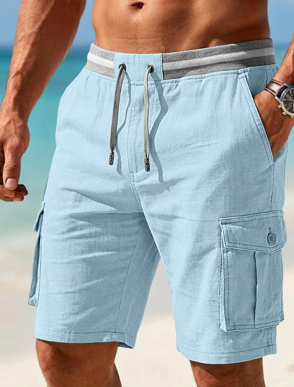 Men's Cargo Shorts Linen Shorts Summer Shorts Beach Shorts Drawstring Elastic Waist Cargo Pocket Color Block Solid Comfort Breathable Knee Length Casual Daily Beach Vacation Fashion Blue Black