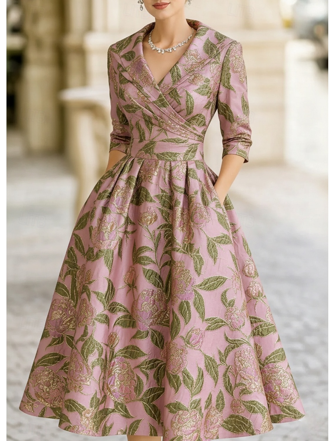 A-Line Tea Length Party Dress Cocktail Dress Wedding Guest Dress Evening Gown Elegant Vintage 3/4 Length Sleeve Shirt Collar Wedding Formal Jacquard with Pocket