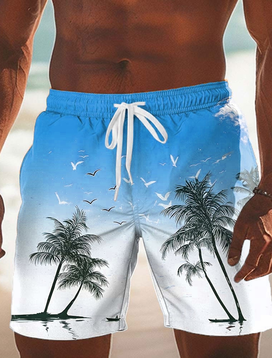 Men's Coconut Tree Gradient Color Tropical Plants Swim Trunks Swim Shorts Board Shorts Mid Waist Hawaiian Beach Vacation Wear Side Pockets Mesh Lining Elastic Drawstring Waist Designer Clothing