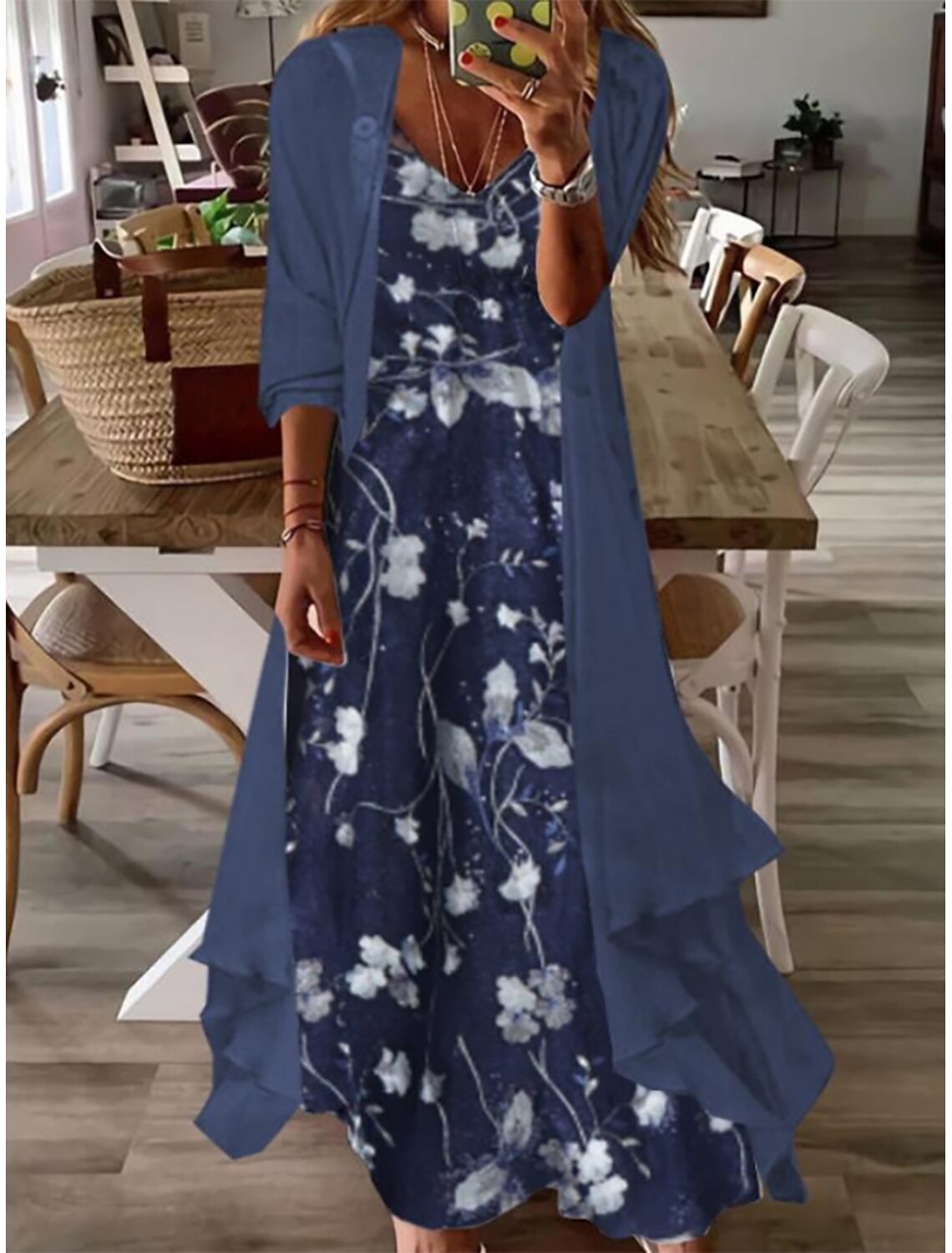 Women's Dress Set Casual Dress Print Dress Fashion Casual Floral Print Long Dress Maxi Dress 3/4 Length Sleeve V Neck Daily Outdoor Blue Pink Sky Blue Summer Spring Regular Fit