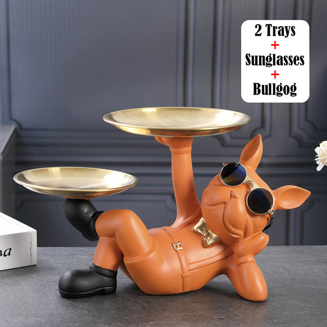 French Bulldog Sculpture with 2 Metal Tray Holder