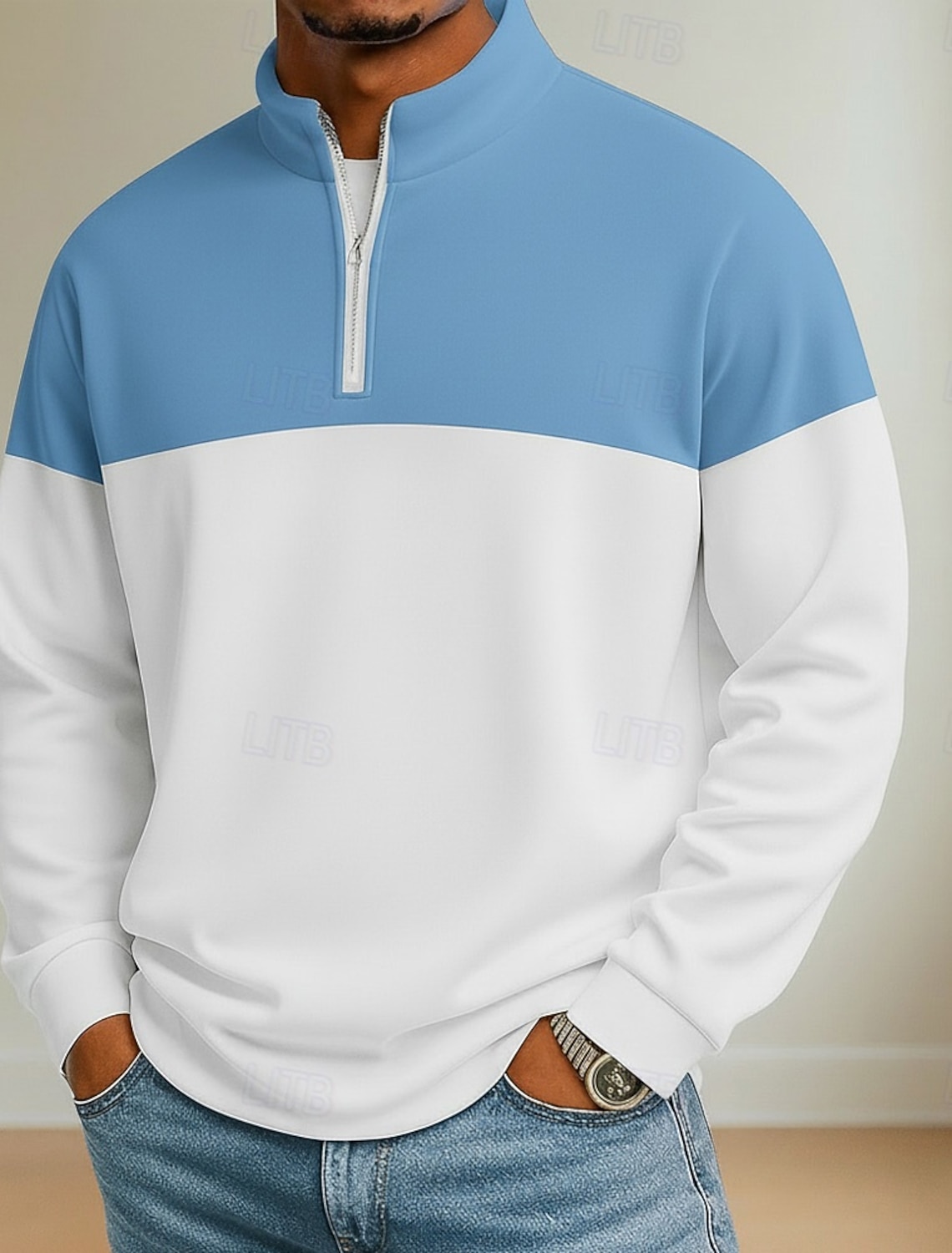 Men's Color Block Zip Polo Shirts Long Sleeve Grandad Collar Casual