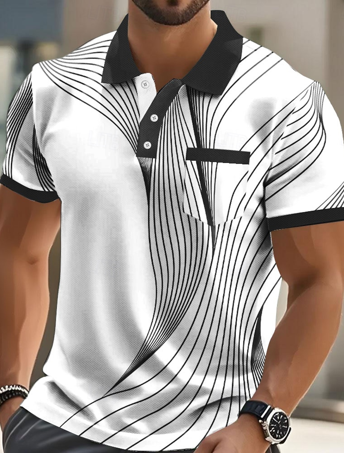 Men's Geometric Polo Long Sleeve Shirts Collared Business Casual