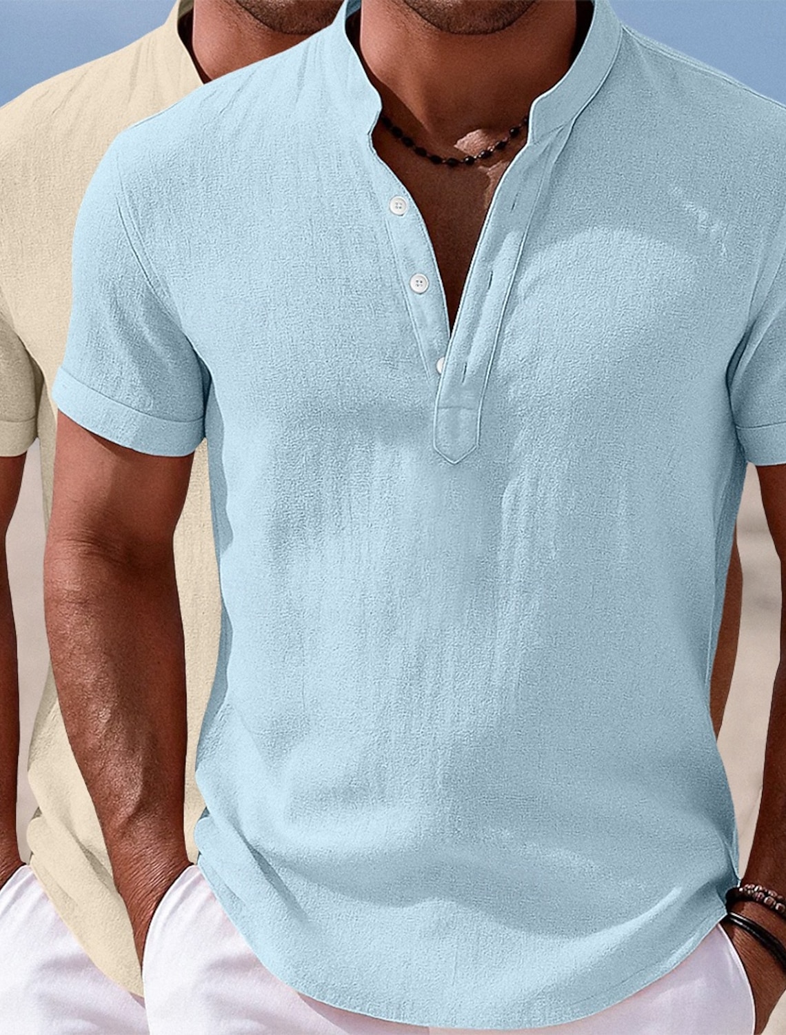 Men Shirt Linen Shirt Popover Shirt Summer Shirt Beach Wear Band Collar Shirt Plain Casual Daily Green+Gray White+Pink Black+Navy Blue Green+Khaki Short Sleeve Henley Summer Clothing Apparel