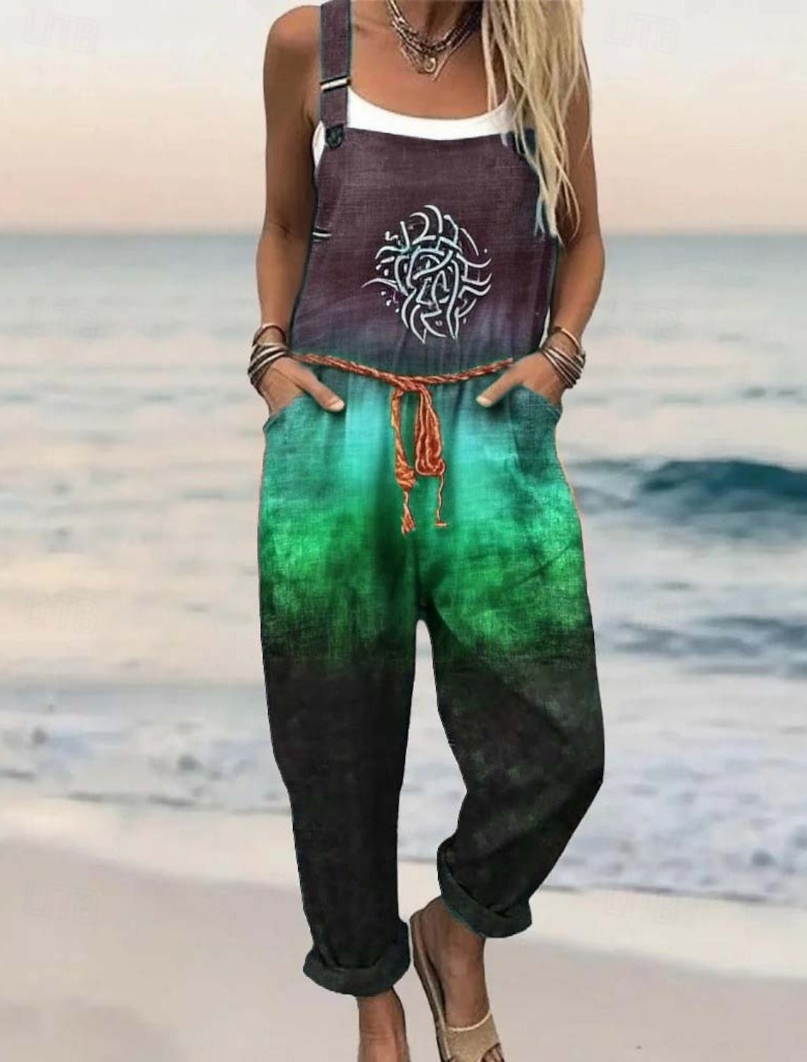 Women's Overall Active Floral Sleeveless Harem Round Neck Pocket Print Daily Home Loose Fit Blue Red Orange Summer