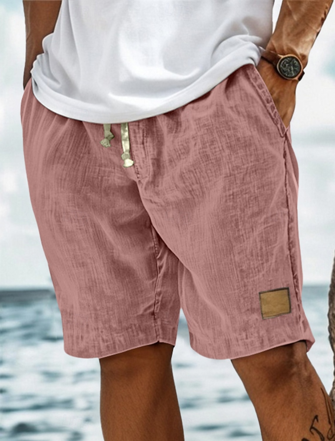 Men's Shorts Summer Beach Pocket Elastic Waist Drawstring Plain #2