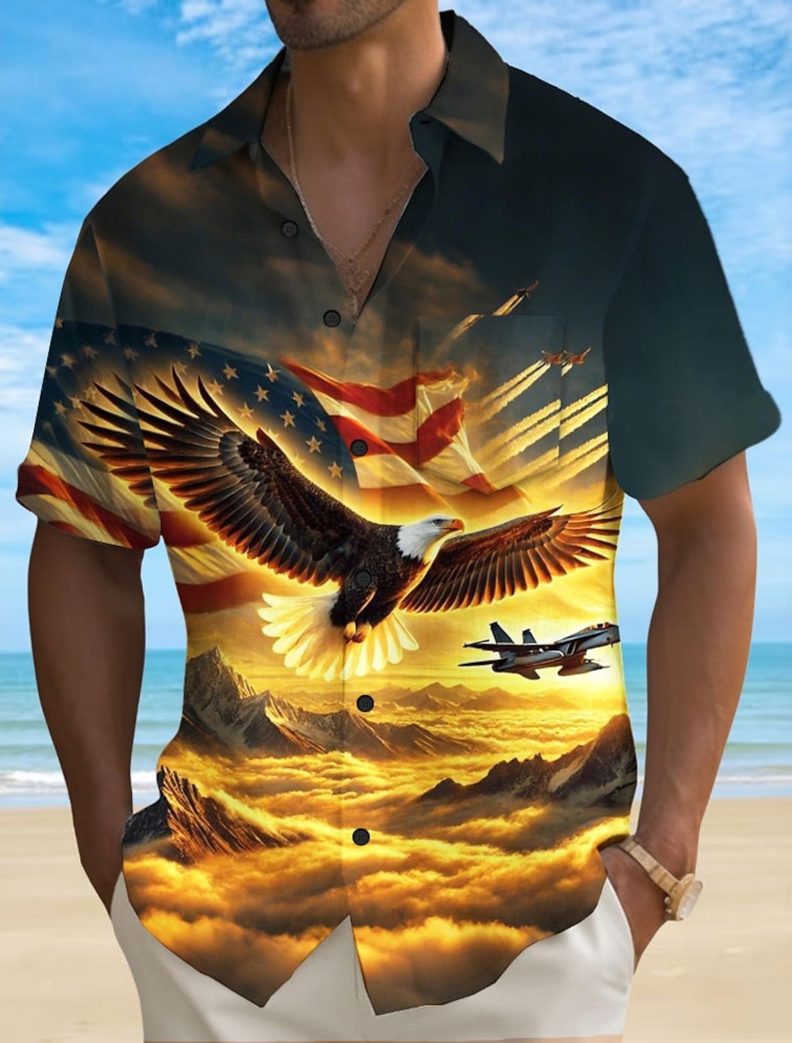 Men's 4th of July U.S. 250th Anniversary Eagle US Flag Shirt Button Up Shirt Short Sleeve Vintage Retro Outdoor Holiday Summer Spring Turndown 3D Print Collared Shirts Front One Pocket Blue White 1