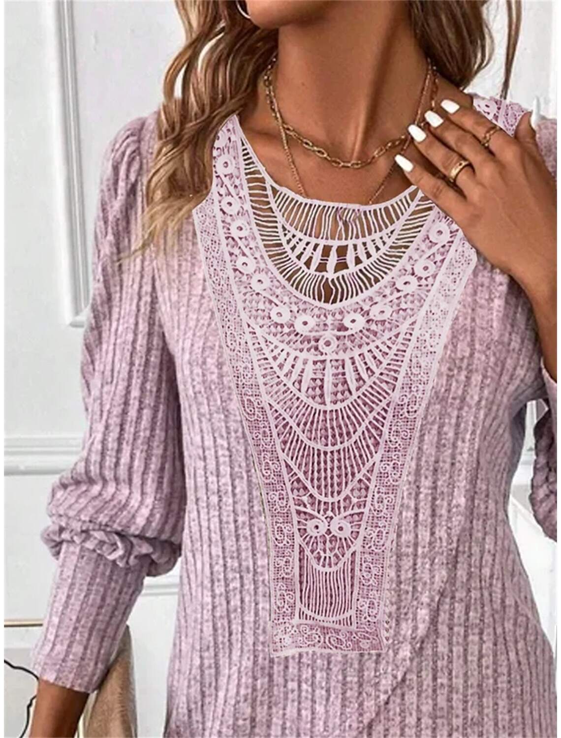 Women's Blouse Dressy Tops Casual Lace Long Sleeve Regular Tops Crew Neck Daily Spring & Fall