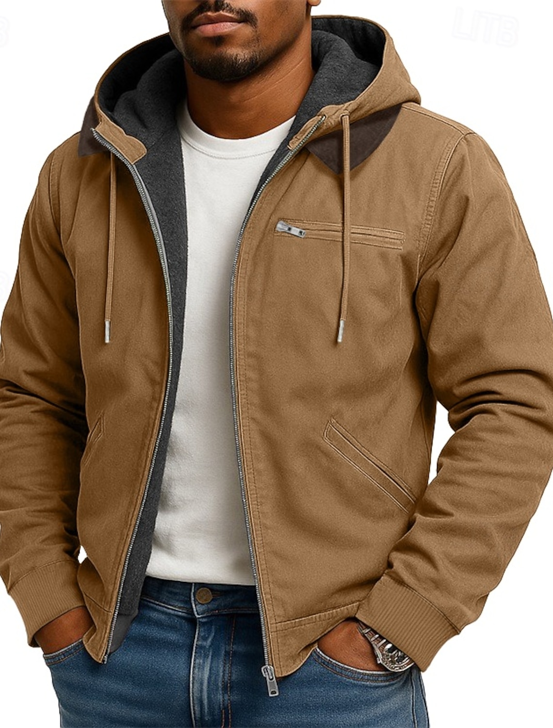 Men's Hoodie Full Zip Fleece lined Blue Brown Green Gray Hooded Plain