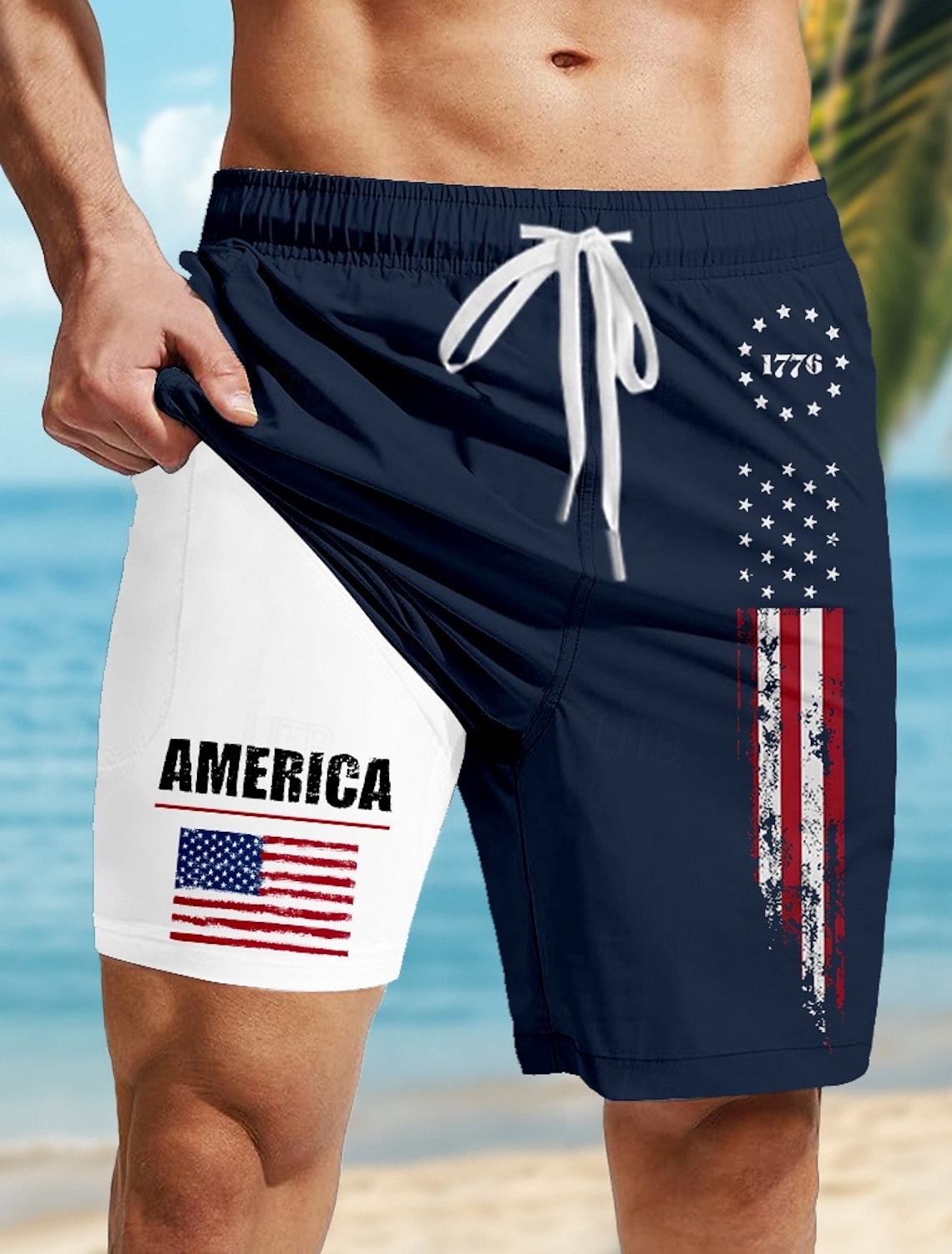 Independence Day Men's American US Flag 4th of July U.S. 250th Anniversary Patriotic Lined Shorts 2 in 1 Board Shorts Swim Trunks Mid Waist Holiday Side Pockets With Compression Liner Elastic