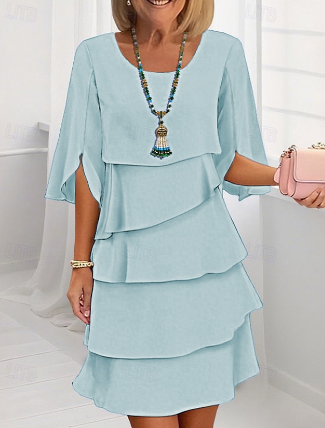 Women's Mini Dress Chiffon Dress Wedding Guest Dress Tiered Dress Fashion Modern Outdoor Holiday Going out Regular Fit Plain Half Sleeve Crew Neck Blue Black Pink Spring Fall